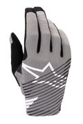 Guanti Alpinestars 2025 Radar Pro, guanti da motocross, grigio con accenti neri e bianchi, caratterizzati da dorso in mesh traspirante elasticizzato a 4 vie, logo con stella bianca, design a strisce diagonali nere, stile racing minimalista
