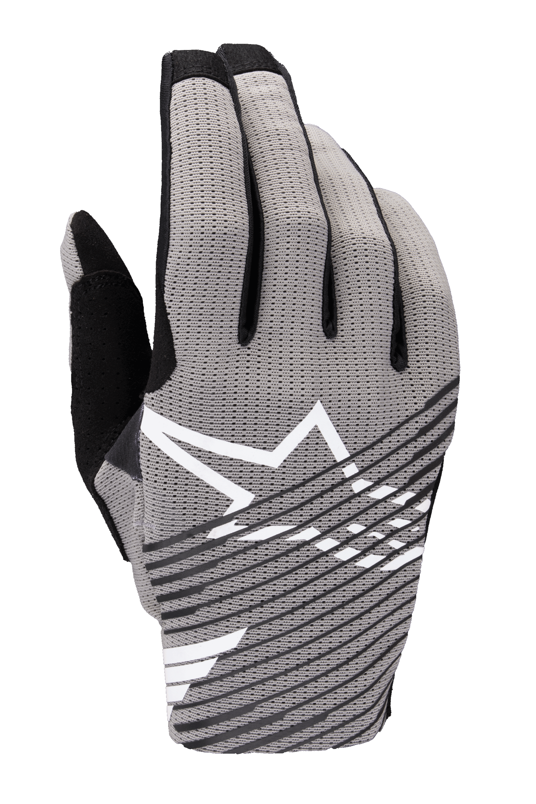 Guanti Alpinestars 2025 Radar Pro, guanti da motocross, grigio con accenti neri e bianchi, caratterizzati da dorso in mesh traspirante elasticizzato a 4 vie, logo con stella bianca, design a strisce diagonali nere, stile racing minimalista
