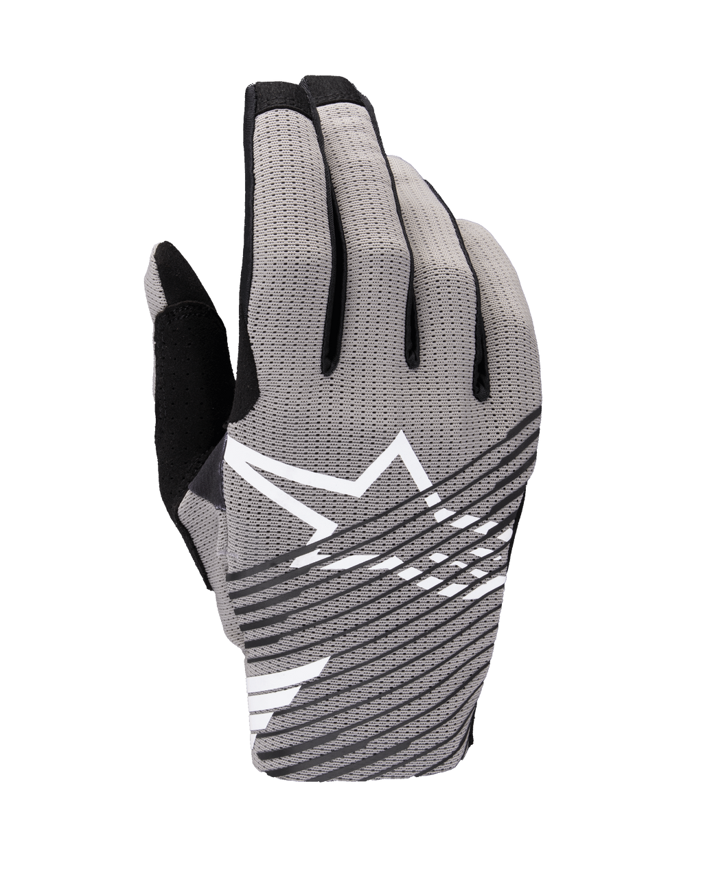 Guanti Alpinestars 2025 Radar Pro, guanti da motocross, grigio e nero, vista del dorso con rete elasticizzata a 4 vie traspirante, logo a stella bianco con strisce diagonali nere, progettati per prestazioni e flusso d'aria
