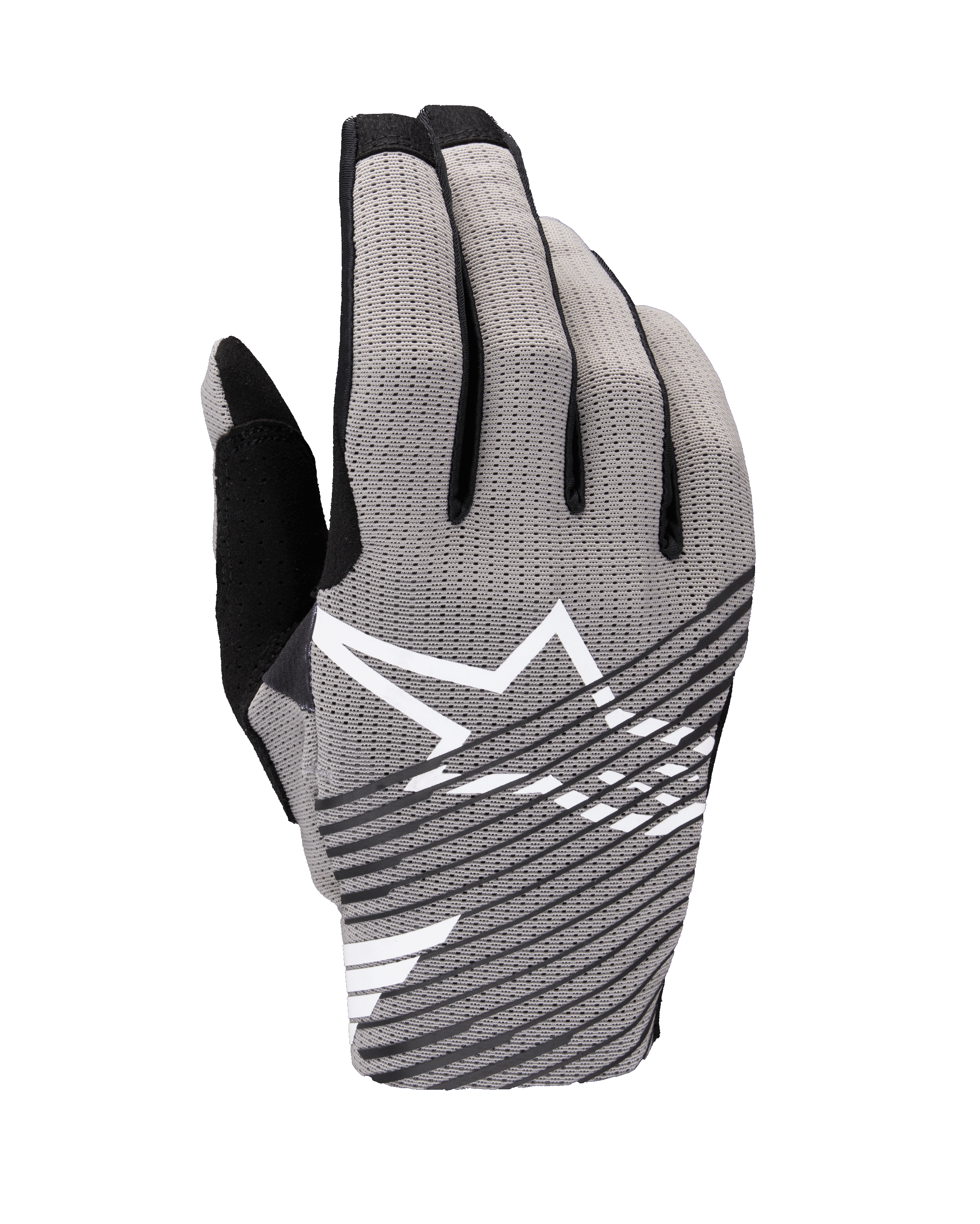 Guanti Alpinestars 2025 Radar Pro, guanti da motocross, grigio e nero, vista del dorso con rete elasticizzata a 4 vie traspirante, logo a stella bianco con strisce diagonali nere, progettati per prestazioni e flusso d'aria