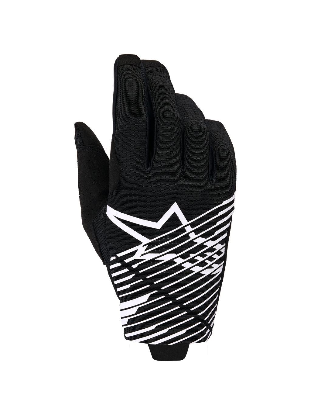 Alpinestars 2026 Radar Pro Gloves, guanti da motocross, nero e bianco, con logo a stella bianco e grafica a linee diagonali sul dorso, materiale in mesh traspirante con dettagli traforati, stile off-road ad alte prestazioni