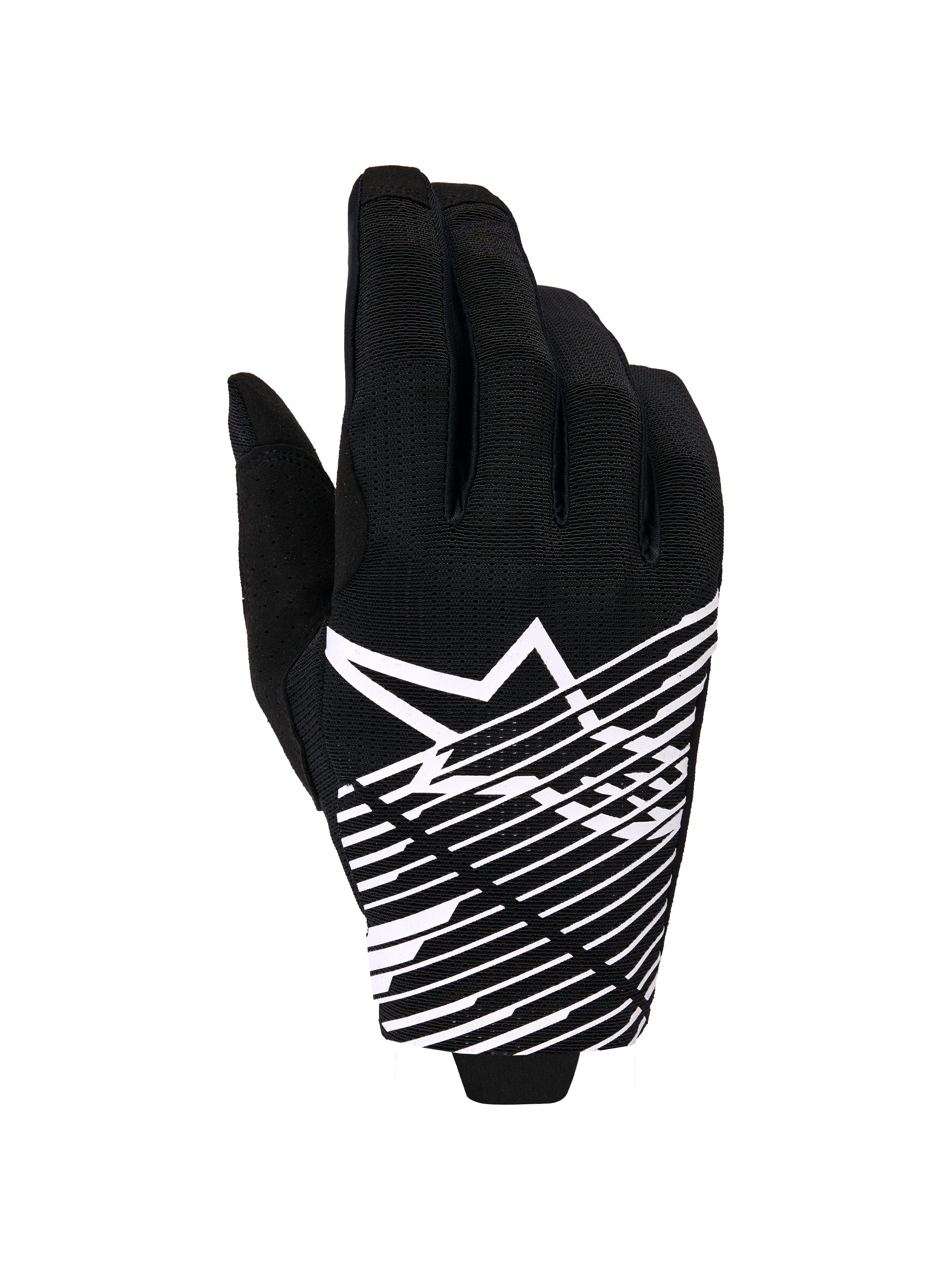 Alpinestars 2026 Radar Pro Gloves, guanti da motocross, nero e bianco, con logo a stella bianco e grafica a linee diagonali sul dorso, materiale in mesh traspirante con dettagli traforati, stile off-road ad alte prestazioni