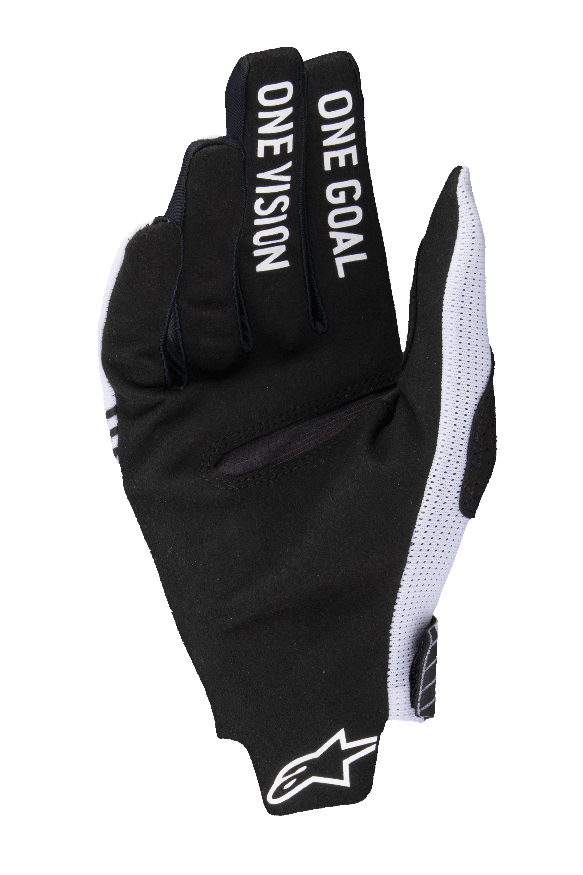 Alpinestars guanti Radar Pro 2025, guanti da motocross, bianco e nero, vista del palmo in pelle scamosciata sintetica nera con scritta 'ONE GOAL ONE VISION' sulle dita, pannelli laterali in rete bianca e logo Alpinestars sul polso.