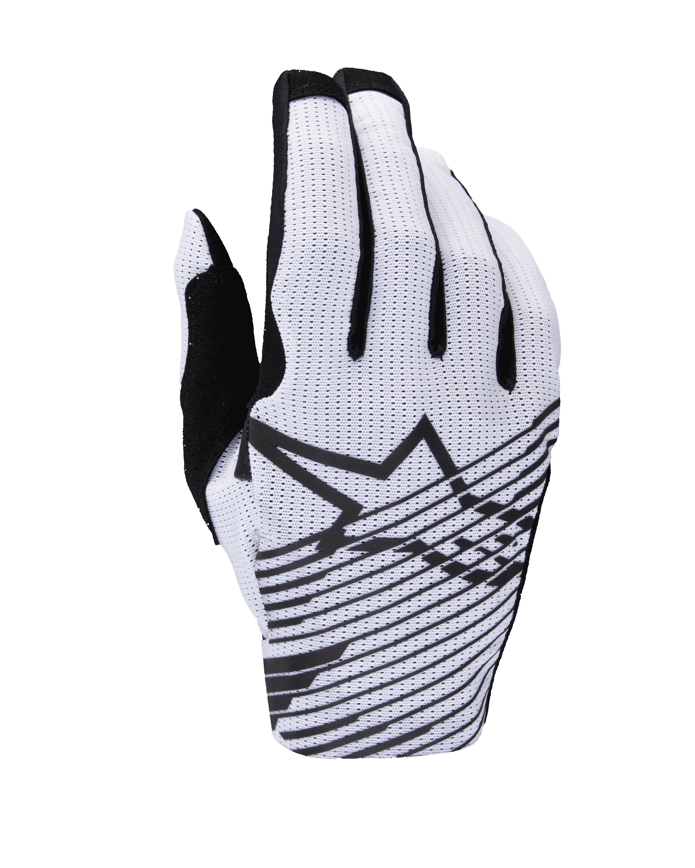 Guanti Alpinestars Radar Pro 2025, guanti da motocross, bianco e nero, vista del dorso con costruzione in mesh traforato, logo Alpinestars a stella nero con linee grafiche orizzontali e dettagli neri sulle dita