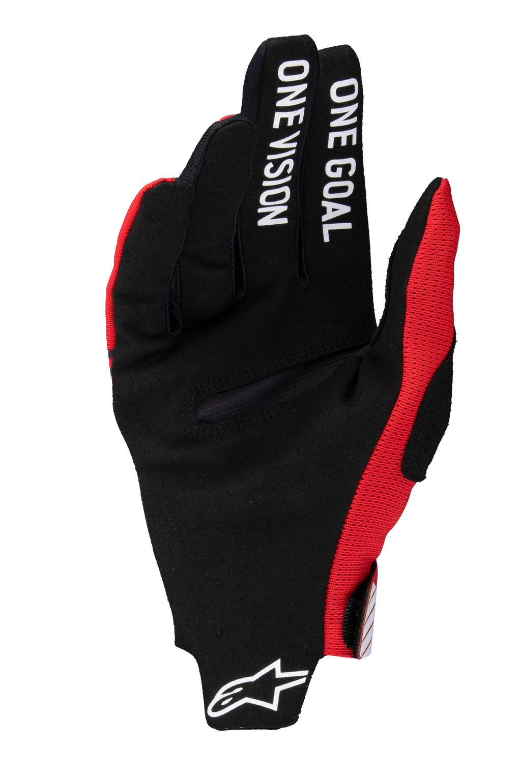 Alpinestars 2025 Radar Pro Gloves, guanti da motocross, rosso acceso, palmo in pelle scamosciata sintetica nera con scritta "ONE GOAL ONE VISION" sulle dita, dettagli in mesh rossi, logo Astars bianco sul polsino, design minimalista per il massimo controllo