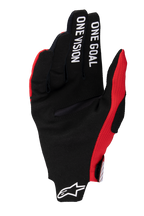 Alpinestars 2025 Radar Pro Gloves, guanti da motocross, rosso acceso, palmo in pelle scamosciata sintetica nera con scritta "ONE GOAL ONE VISION" sulle dita, dettagli in mesh rossi, logo Astars bianco sul polsino, design minimalista per il massimo controllo