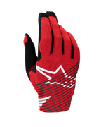 Guanti Alpinestars Radar Pro 2025, guanti da motocross, rosso acceso, nero e bianco, con un grande logo a stella bianca e strisce diagonali nere su un rovescio in rete traspirante, attrezzatura tecnica leggera per gare fuoristrada