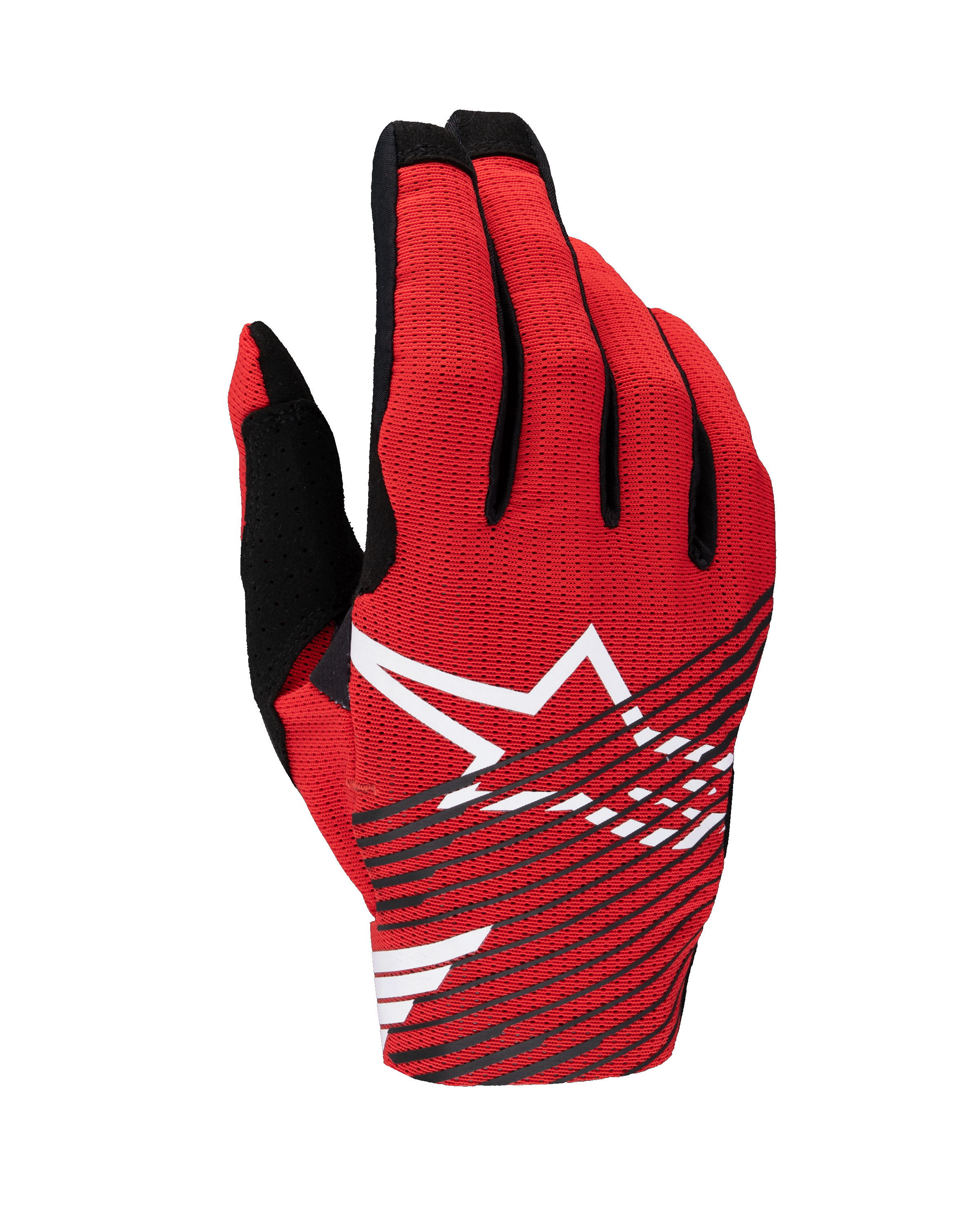 Guanti Alpinestars Radar Pro 2025, guanti da motocross, rosso acceso, nero e bianco, con un grande logo a stella bianca e strisce diagonali nere su un rovescio in rete traspirante, attrezzatura tecnica leggera per gare fuoristrada