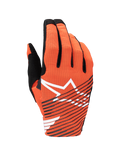 Guanti Alpinestars Radar Pro 2025, guanti da motocross, arancione acceso e nero, con un grande logo a stella bianco e strisce diagonali nere sul dorso in mesh traforato, progettati per leggerezza e ventilazione