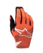 Guanti Alpinestars Radar Pro 2025, guanti da motocross, arancione acceso e nero, con un grande logo a stella bianco e strisce diagonali nere sul dorso in mesh traforato, progettati per leggerezza e ventilazione