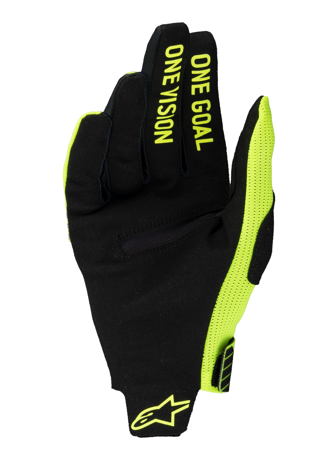 Alpinestars 2025 Radar Pro Gloves, guanti da motocross, giallo fluo e nero, vista del palmo in pelle scamosciata sintetica con scritta 'ONE GOAL ONE VISION' sulle dita, inserto laterale in rete giallo fluo e logo sul polso