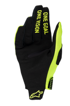 Alpinestars 2025 Radar Pro Gloves, guanti da motocross, giallo fluo e nero, vista del palmo in pelle scamosciata sintetica con scritta 'ONE GOAL ONE VISION' sulle dita, inserto laterale in rete giallo fluo e logo sul polso
