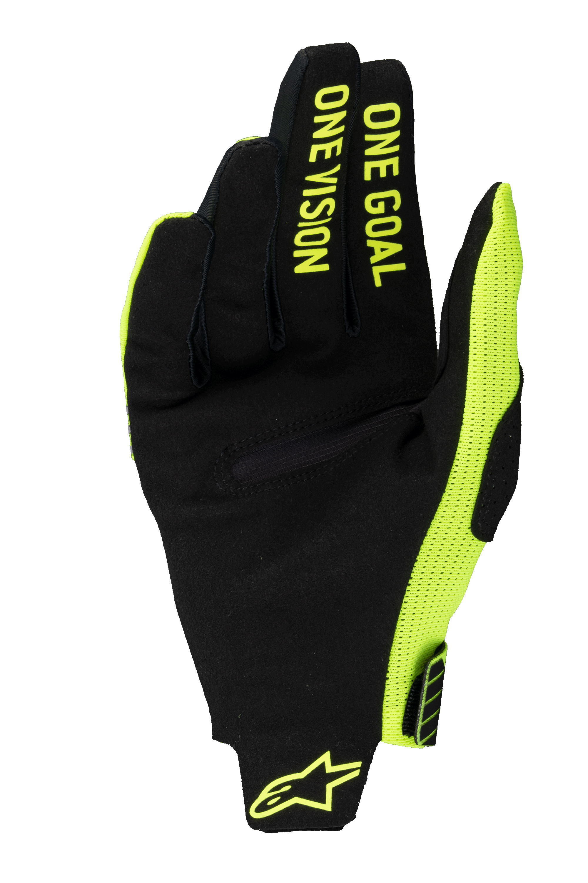 Alpinestars 2025 Radar Pro Gloves, guanti da motocross, giallo fluo e nero, vista del palmo in pelle scamosciata sintetica con scritta 'ONE GOAL ONE VISION' sulle dita, inserto laterale in rete giallo fluo e logo sul polso