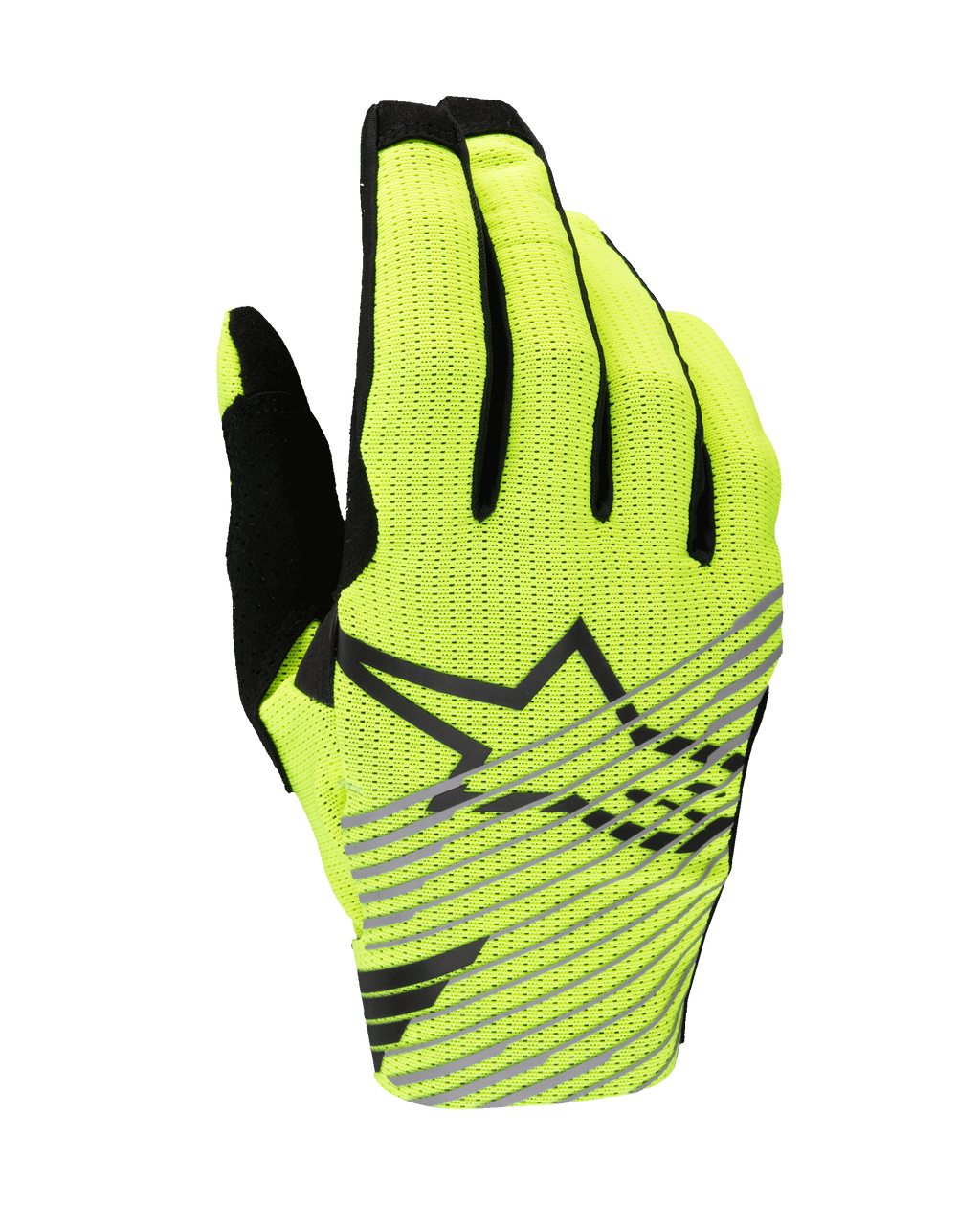Guanti Alpinestars Radar Pro 2025, guanti da motocross, giallo fluo e nero, dorso in mesh traspirante monostrato, logo con stella nera e strisce diagonali grigie, attrezzatura ad alte prestazioni per corse fuoristrada