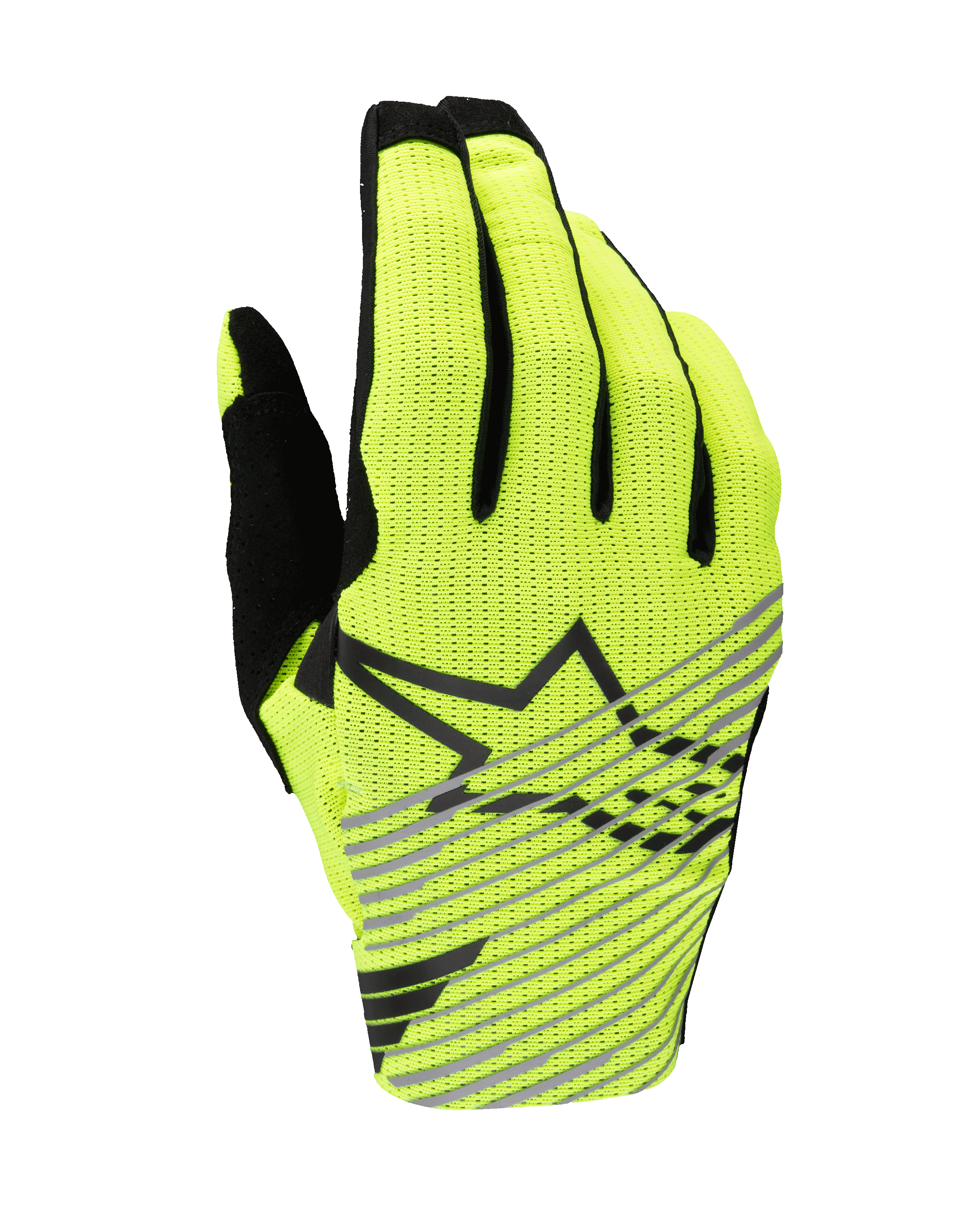 Guanti Alpinestars Radar Pro 2025, guanti da motocross, giallo fluo e nero, dorso in mesh traspirante monostrato, logo con stella nera e strisce diagonali grigie, attrezzatura ad alte prestazioni per corse fuoristrada