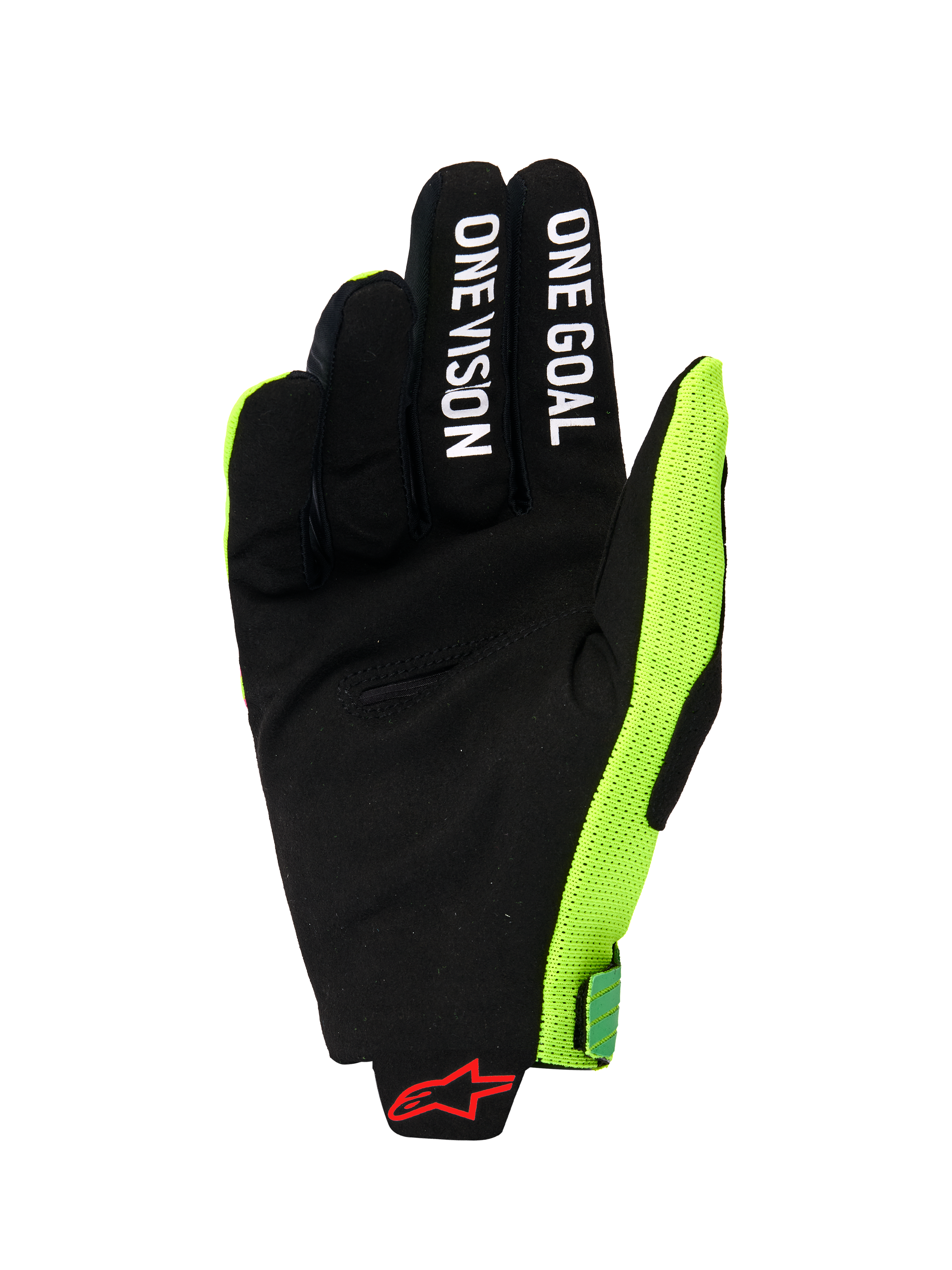 Alpinestars 2026 Radar Pro Gloves, vista del palmo di un guanto da motocross, pelle scamosciata sintetica nera con scritte bianche 'ONE GOAL' e 'ONE VISION' sulle dita, pannello laterale in mesh giallo fluo acceso, logo Alpinestars rosso sul polso, equipaggiamento tecnico minimalista per la guida fuoristrada