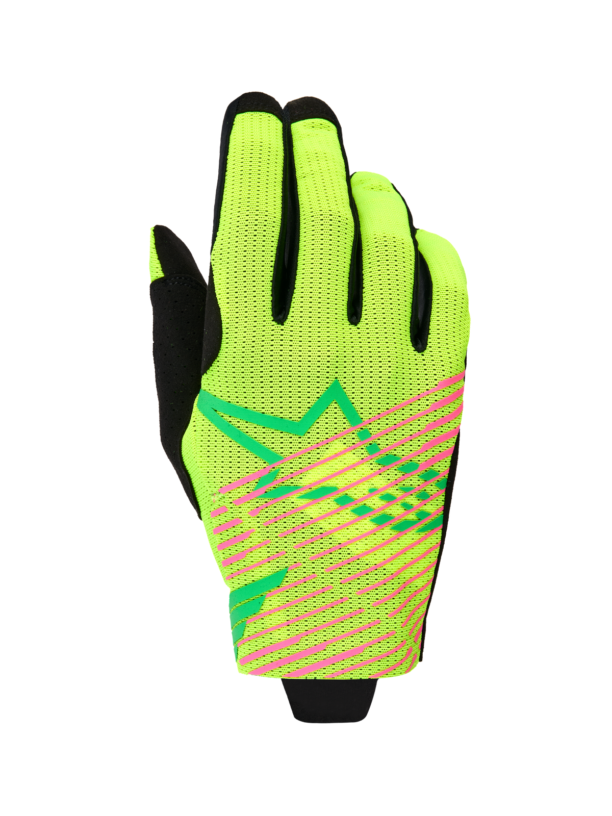 Alpinestars 2026 Radar Pro Gloves, guanti da motocross, giallo verde fluo e rosa fluo, costruzione in mesh a strato singolo con strisce diagonali rosa e logo a stella verde, abbigliamento leggero per gare fuoristrada