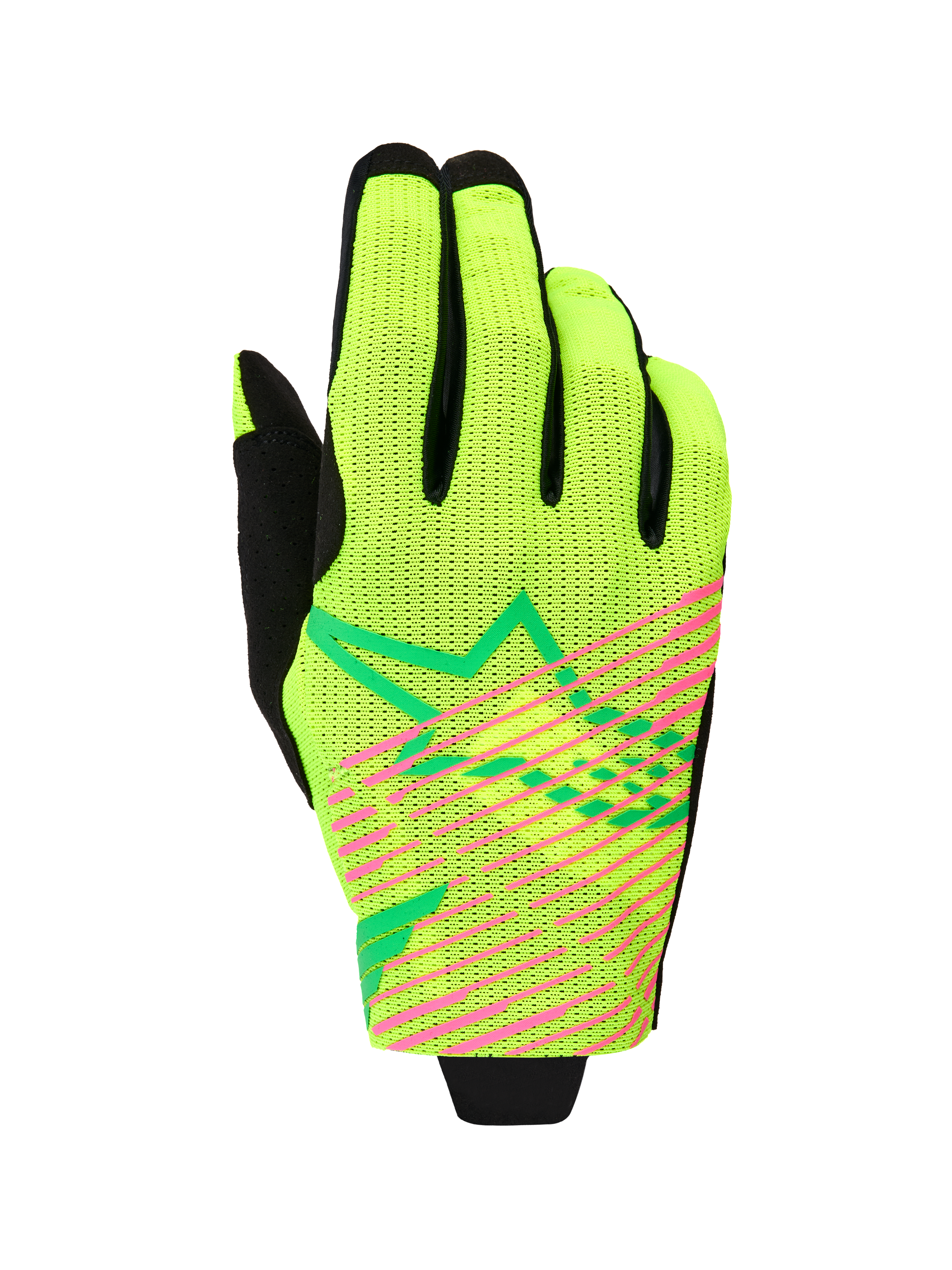 Alpinestars 2026 Radar Pro Gloves, guanti da motocross, giallo verde fluo e rosa fluo, costruzione in mesh a strato singolo con strisce diagonali rosa e logo a stella verde, abbigliamento leggero per gare fuoristrada