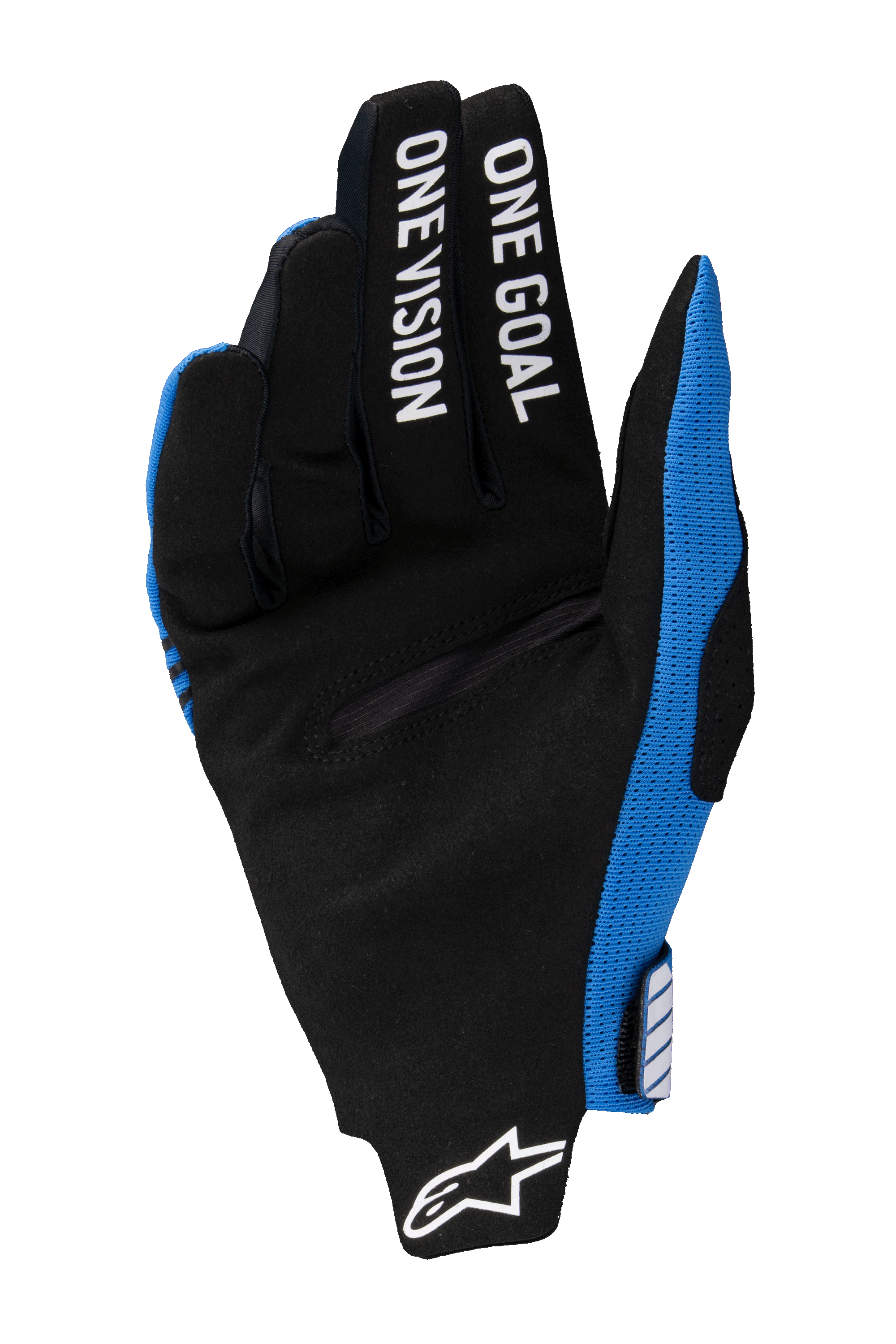 Guanti Alpinestars Radar Pro 2025, guanti da motocross, blu e nero, vista del palmo in pelle scamosciata sintetica nera, scritta bianca "ONE GOAL ONE VISION" stampata sulle dita, logo Alpinestars bianco sul polso, design leggero per corse fuoristrada