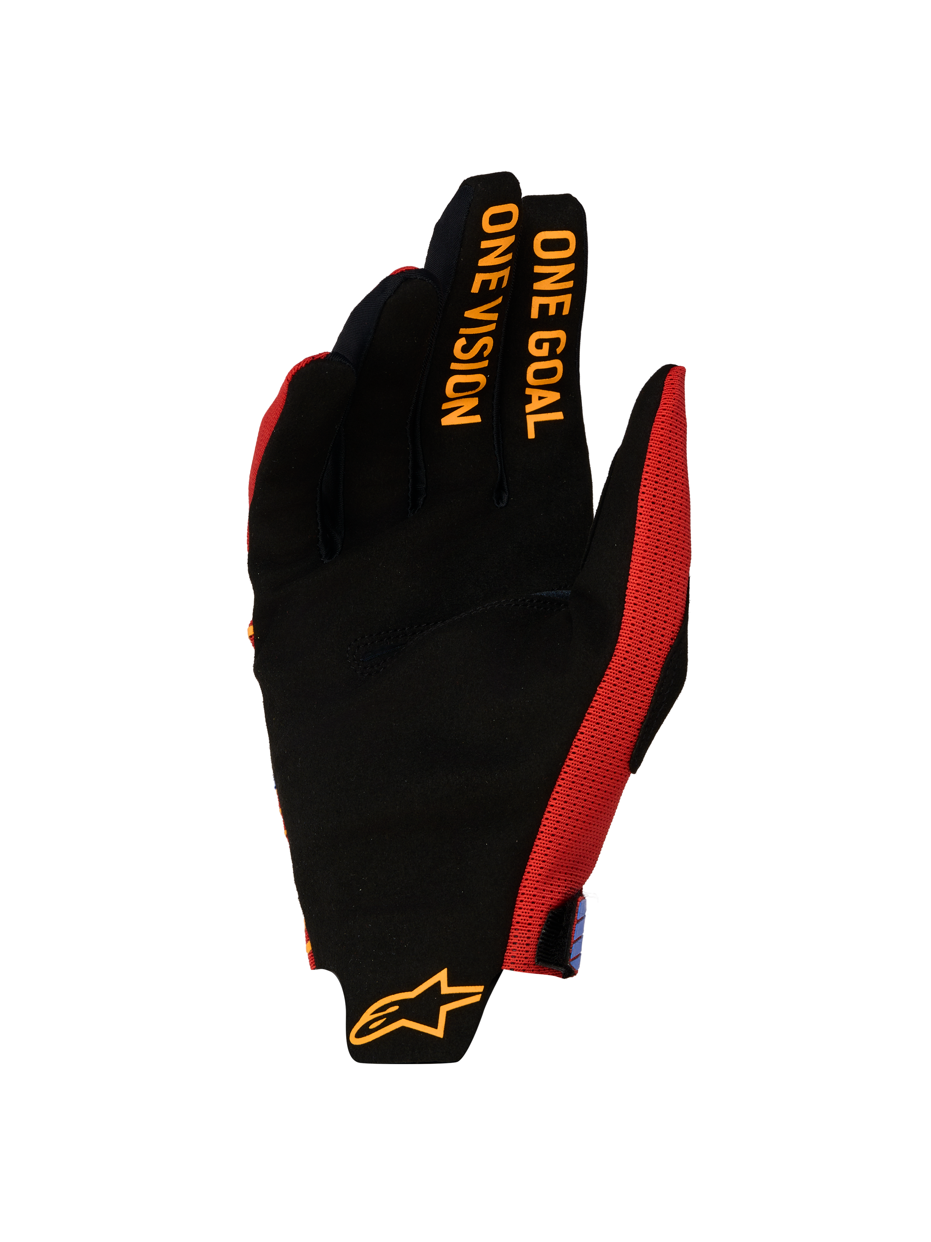 Alpinestars Guanti Radar Pro 2027, guanti da motocross da uomo, rosso e nero, palmo in pelle scamosciata sintetica con grafica One Goal One Vision sulle dita.