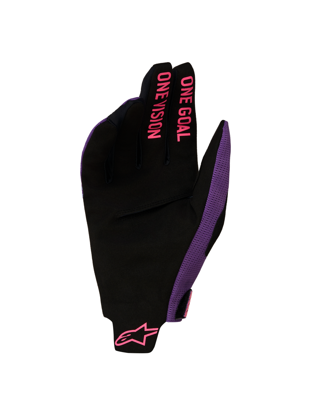 Guanti Alpinestars Radar Pro 2027, guanti da motocross neri e viola con grafica rosa ONE GOAL ONE VISION sulle dita e palmo in pelle scamosciata.