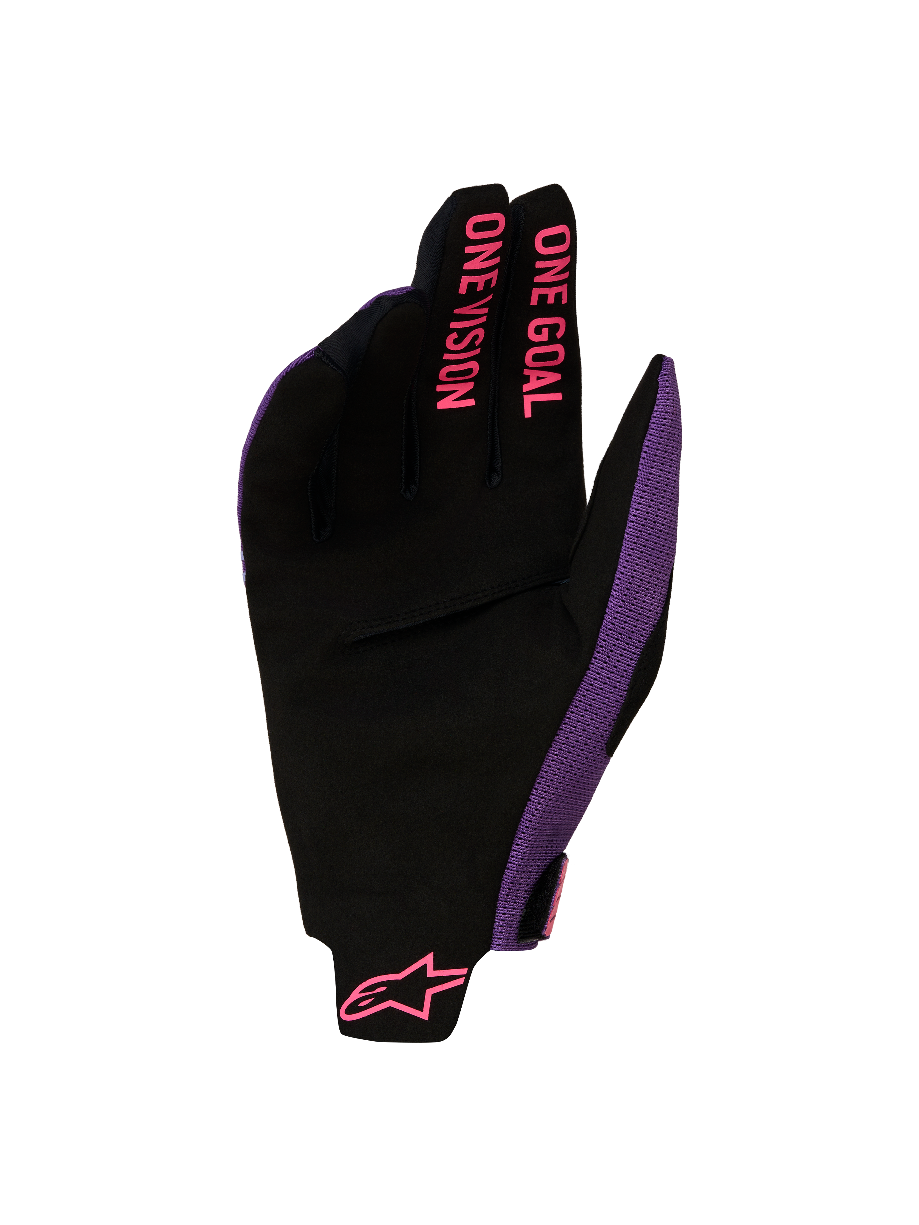 Guanti Alpinestars Radar Pro 2027, guanti da motocross neri e viola con grafica rosa ONE GOAL ONE VISION sulle dita e palmo in pelle scamosciata.