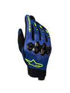Alpinestars Megawatt V2 Air Guanti, guanti da enduro motocross da uomo in blu brillante e nero, vista anteriore che mostra la protezione nocche Dynamic Friction Shield, la struttura in rete 3D e il marchio giallo neon