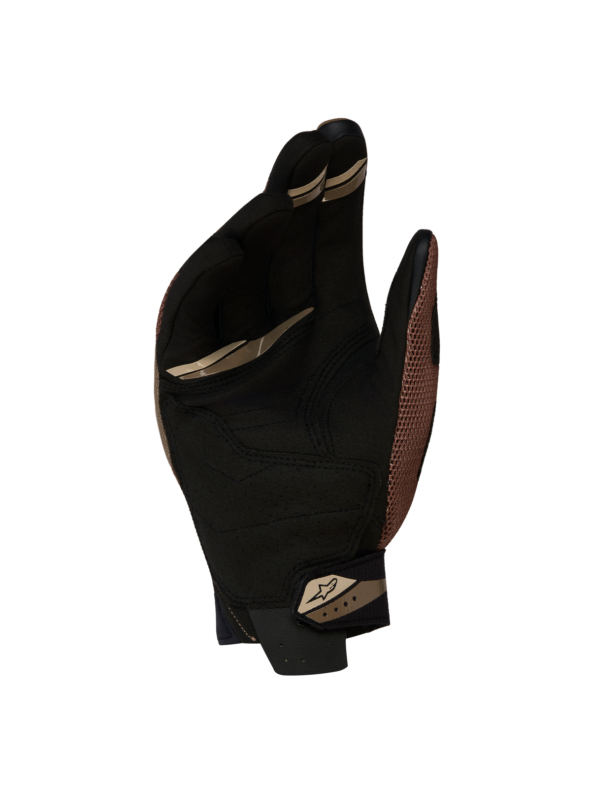 Alpinestars Megawatt V 2 Air Guanti, guanti da motocross e enduro, marrone noce e nero, vista del palmo con struttura in pelle sintetica scamosciata e chiusura sicura del polsino