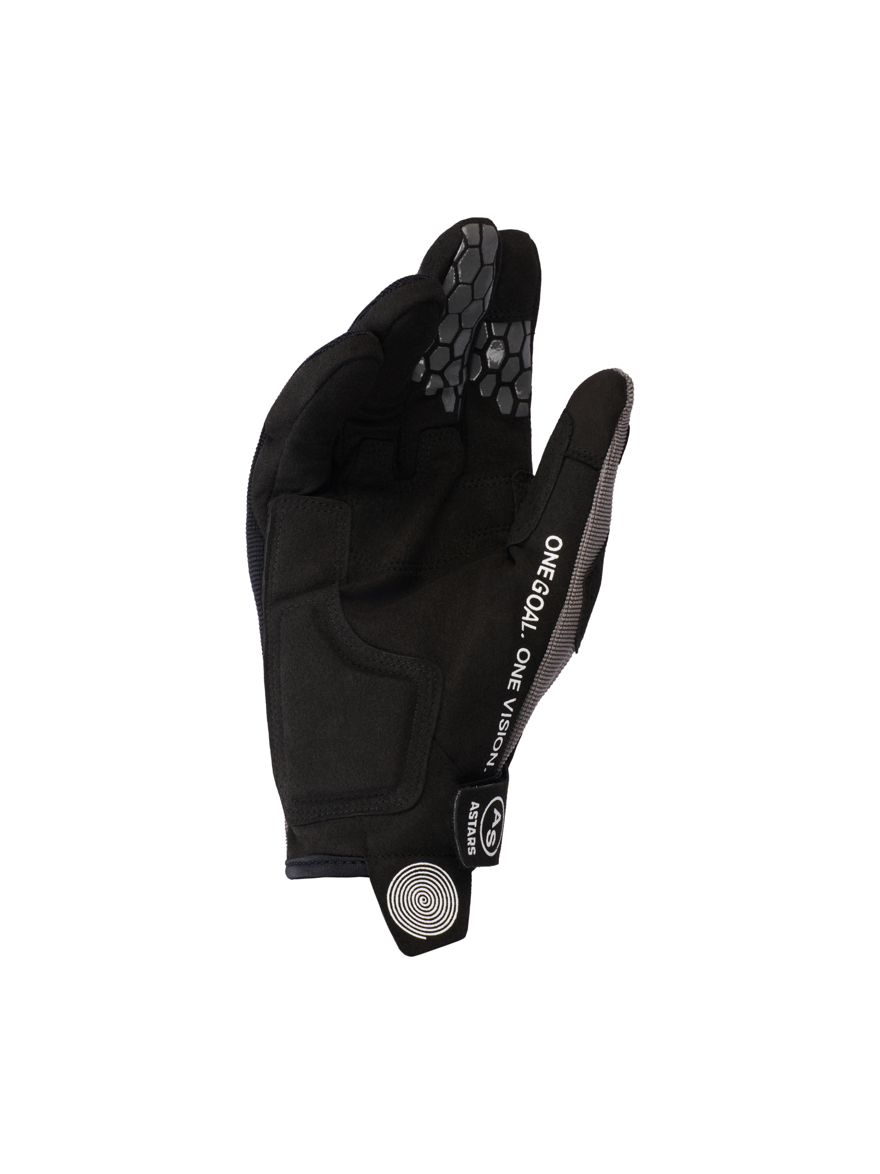 Guanti Alpinestars Pro-Dura 2026, nero grigio, vista del palmo in scamosciato sintetico e grip in silicone a nido d'ape sulle dita, con testo 'ONE GOAL. ONE VISION.' e logo a spirale bianco sulla linguetta, attrezzatura resistente per motociclismo fuoristrada