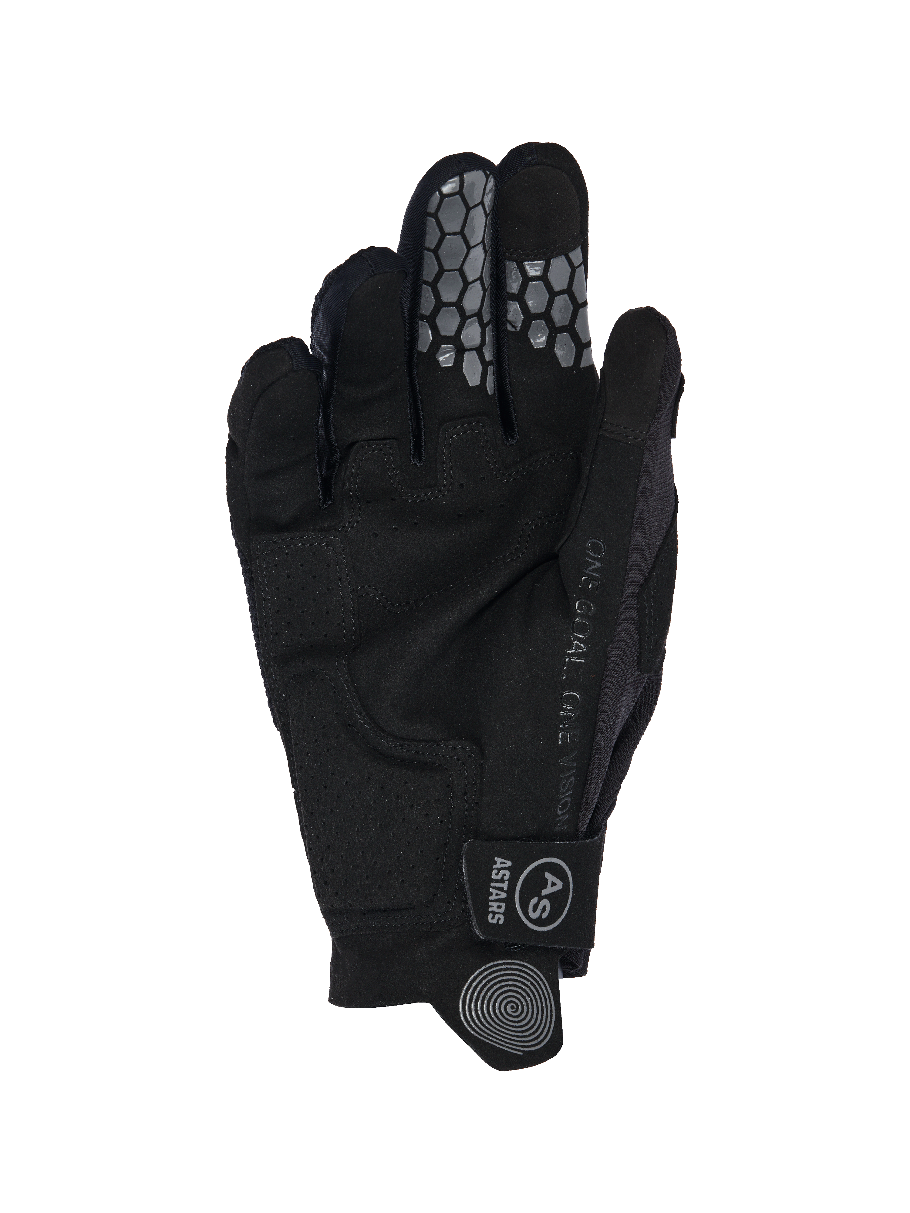 Alpinestars 2026 Radar Pro Gloves, guanti da motocross, nero, vista del palmo con costruzione in pelle scamosciata sintetica, grip in silicone grigio a nido d'ape su indice e medio, testo "One Goal. One Vision." lungo il lato e cinturino di chiusura a strappo con logo AS