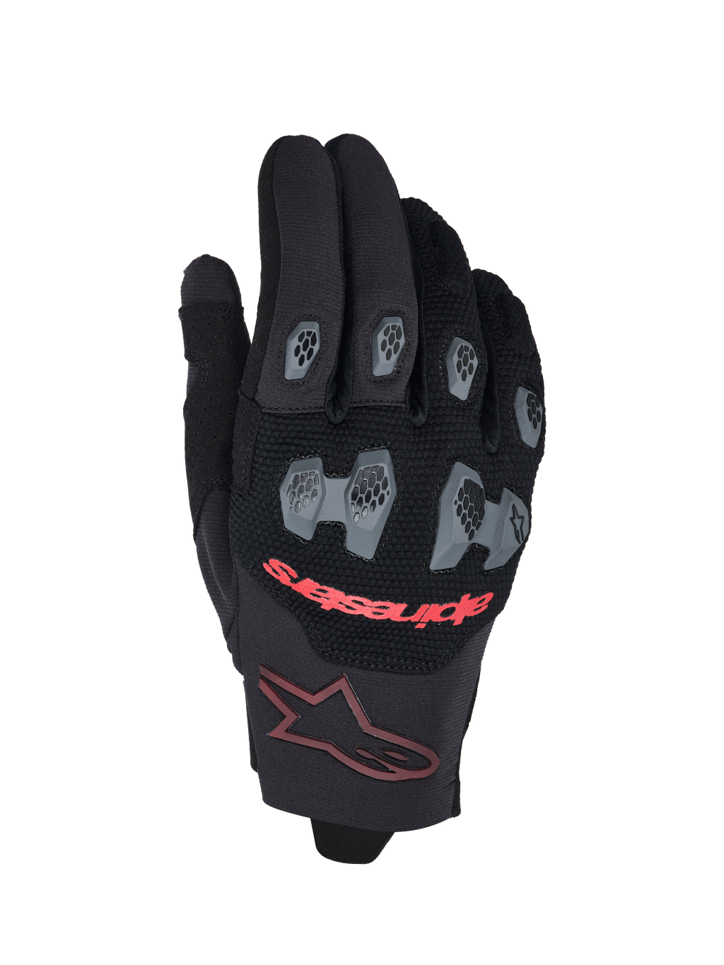 Guanti Alpinestars 2026 Pro-Dura, guanti da motocross ed enduro, nero e rosso acceso, con protezioni per nocche e dita in TPR grigio a motivo esagonale, dorso in mesh traspirante, scritta Alpinestars rossa e logo a stella bordeaux sul polsino