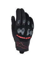 Guanti Alpinestars 2026 Pro-Dura, guanti da motocross ed enduro, nero e rosso acceso, con protezioni per nocche e dita in TPR grigio a motivo esagonale, dorso in mesh traspirante, scritta Alpinestars rossa e logo a stella bordeaux sul polsino