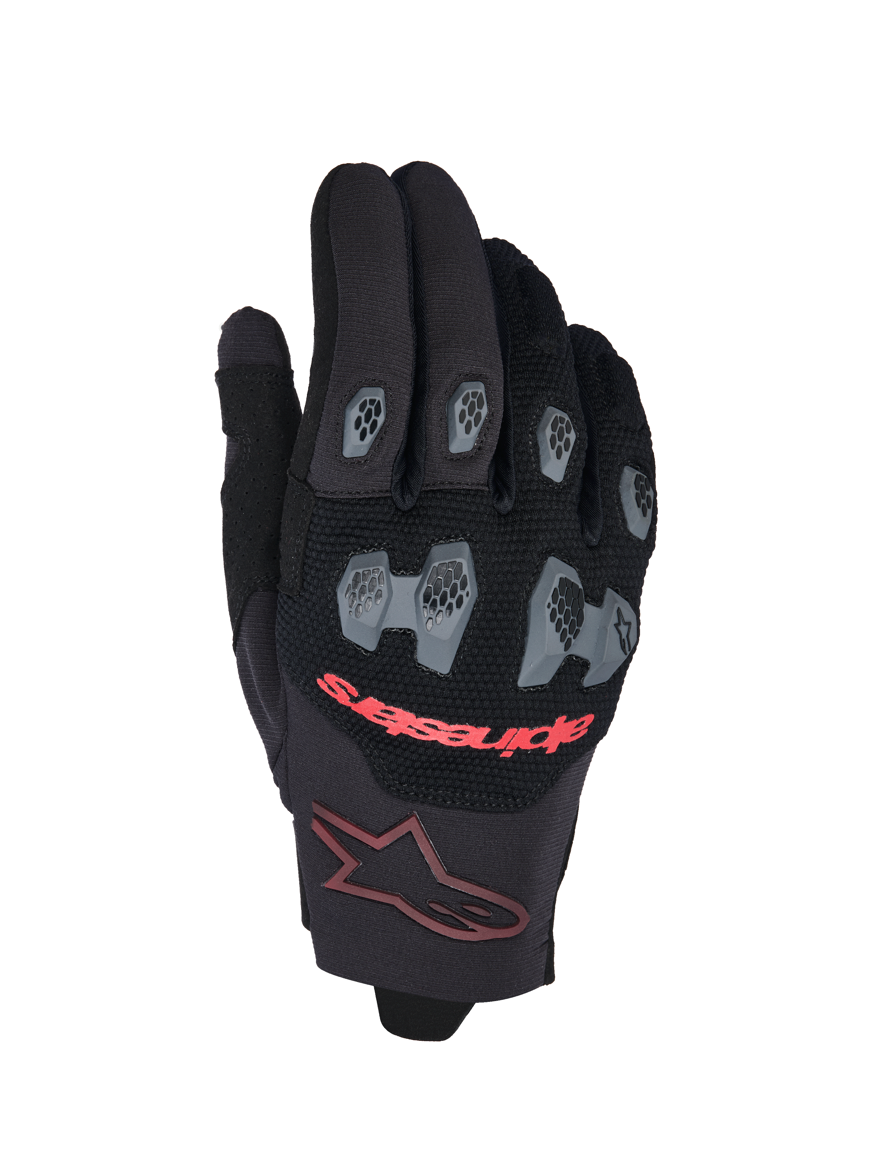Guanti Alpinestars 2026 Pro-Dura, guanti da motocross ed enduro, nero e rosso acceso, con protezioni per nocche e dita in TPR grigio a motivo esagonale, dorso in mesh traspirante, scritta Alpinestars rossa e logo a stella bordeaux sul polsino