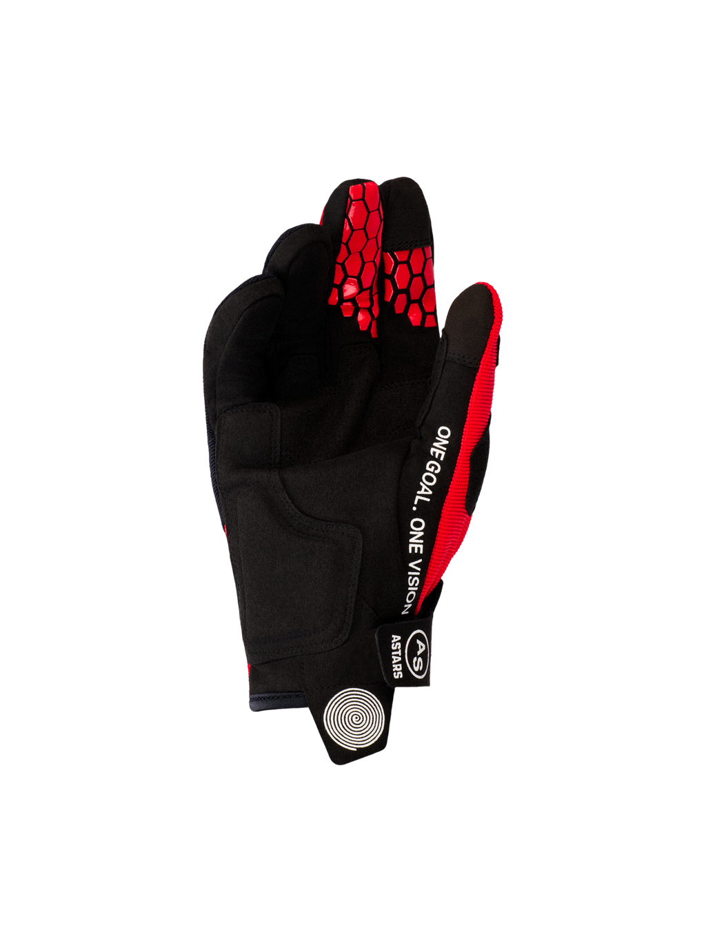 Guanti Alpinestars Pro-Dura 2026, guanti da motocross ed enduro, rosso acceso e nero, vista lato palmo in scamosciata sintetica nera, scritta bianca 'ONE GOAL. ONE VISION' sul lato e motivi a nido d'ape rossi sulle punte delle dita