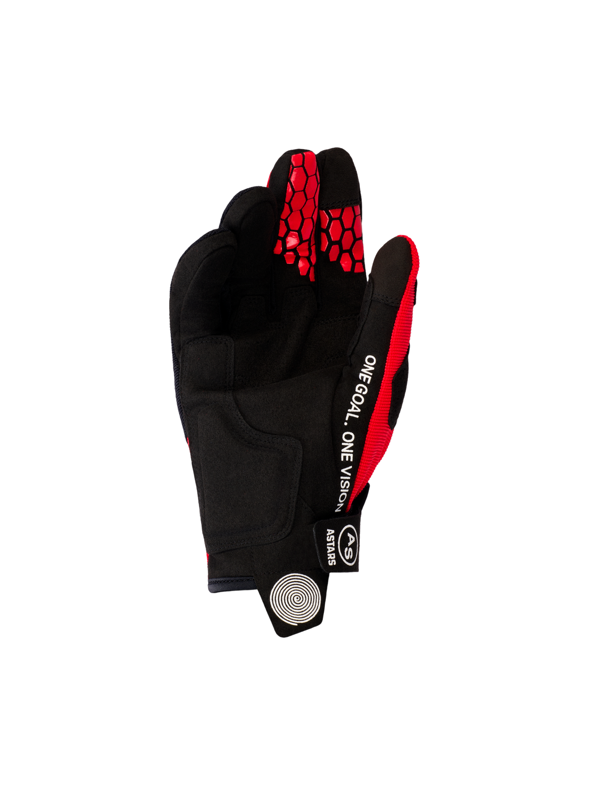 Guanti Alpinestars Pro-Dura 2026, guanti da motocross ed enduro, rosso acceso e nero, vista lato palmo in scamosciata sintetica nera, scritta bianca 'ONE GOAL. ONE VISION' sul lato e motivi a nido d'ape rossi sulle punte delle dita