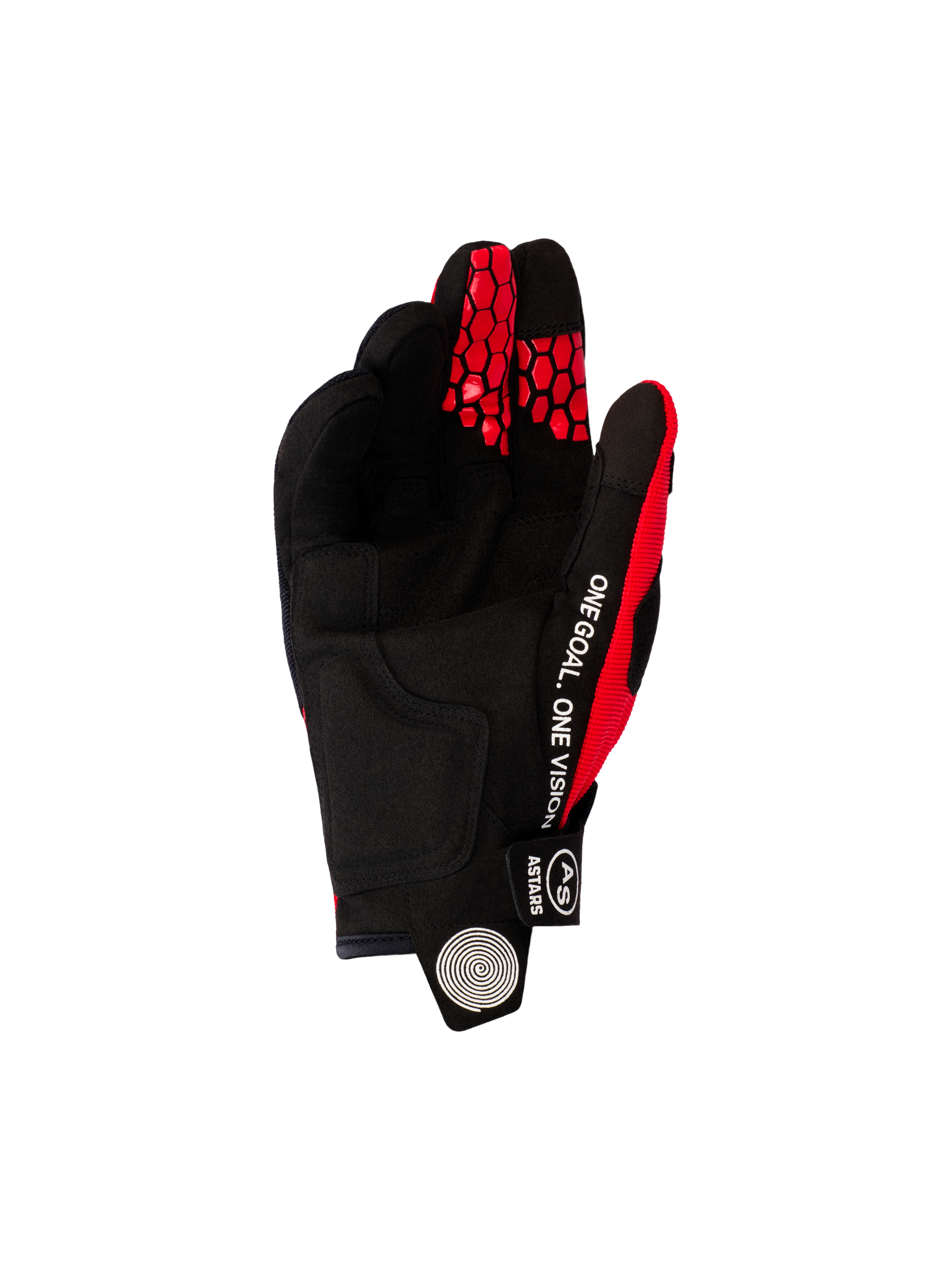 Guanti Alpinestars Pro-Dura 2026, guanti da motocross ed enduro, rosso acceso e nero, vista lato palmo in scamosciata sintetica nera, scritta bianca 'ONE GOAL. ONE VISION' sul lato e motivi a nido d'ape rossi sulle punte delle dita