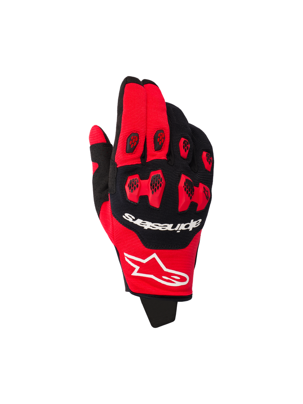 Alpinestars 2026 Pro-Dura Gloves, guanti da motocross, rosso acceso e nero, con protezione per le nocche in TPR rosso e inserti neri a nido d'ape, loghi bianchi del marchio, struttura elasticizzata multi-pannello per gare fuoristrada