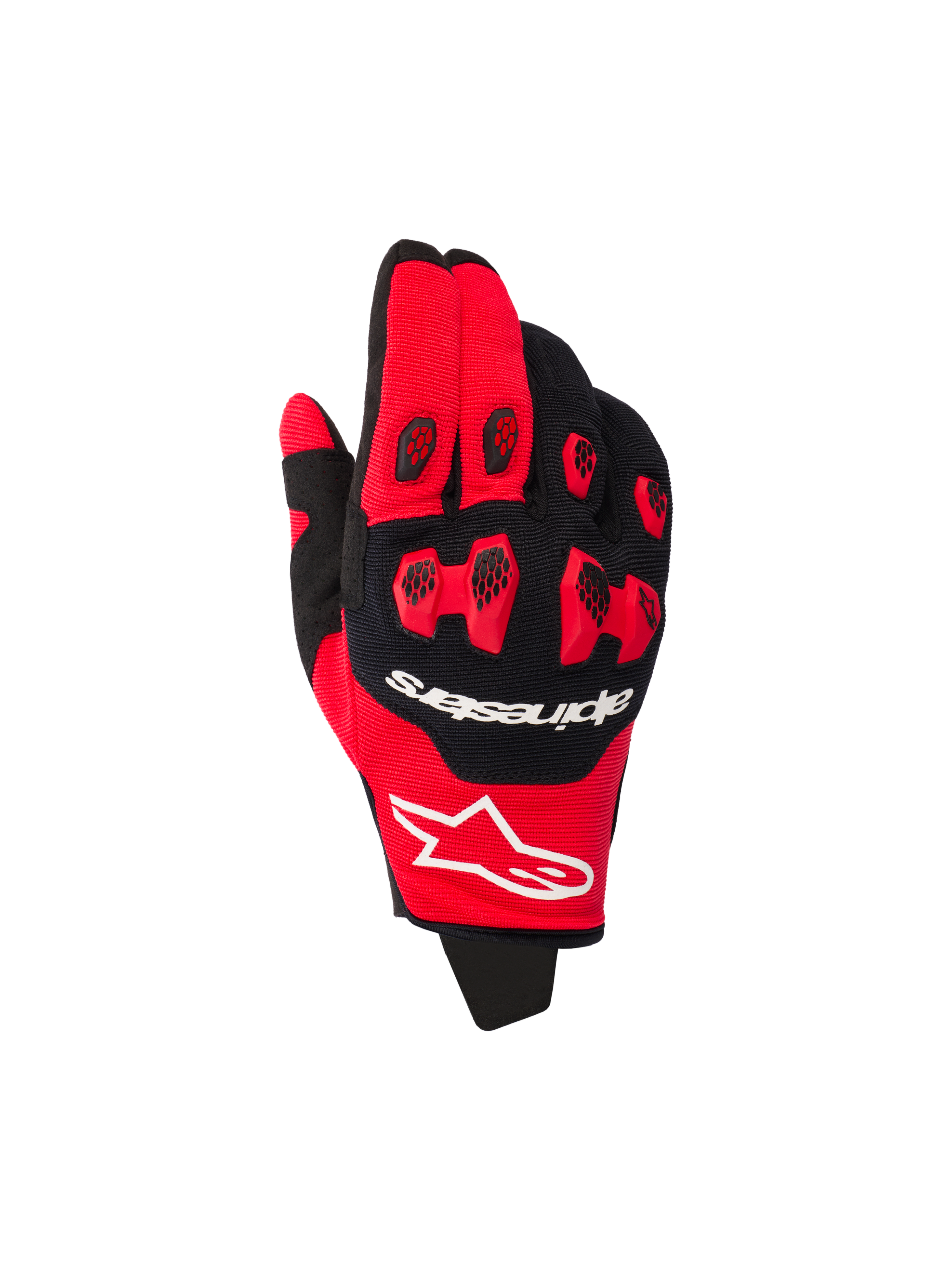 Alpinestars 2026 Pro-Dura Gloves, guanti da motocross, rosso acceso e nero, con protezione per le nocche in TPR rosso e inserti neri a nido d'ape, loghi bianchi del marchio, struttura elasticizzata multi-pannello per gare fuoristrada