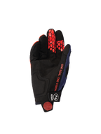 Guanti Alpinestars Pro-Dura 2026, vista del palmo, blu navy, arancione e bianco, palmo in pelle scamosciata sintetica nera con grip esagonale in silicone arancione sulle dita, scritta arancione 'ONE GOAL. ONE VISION.' e chiusura del polso nera con logo bianco.