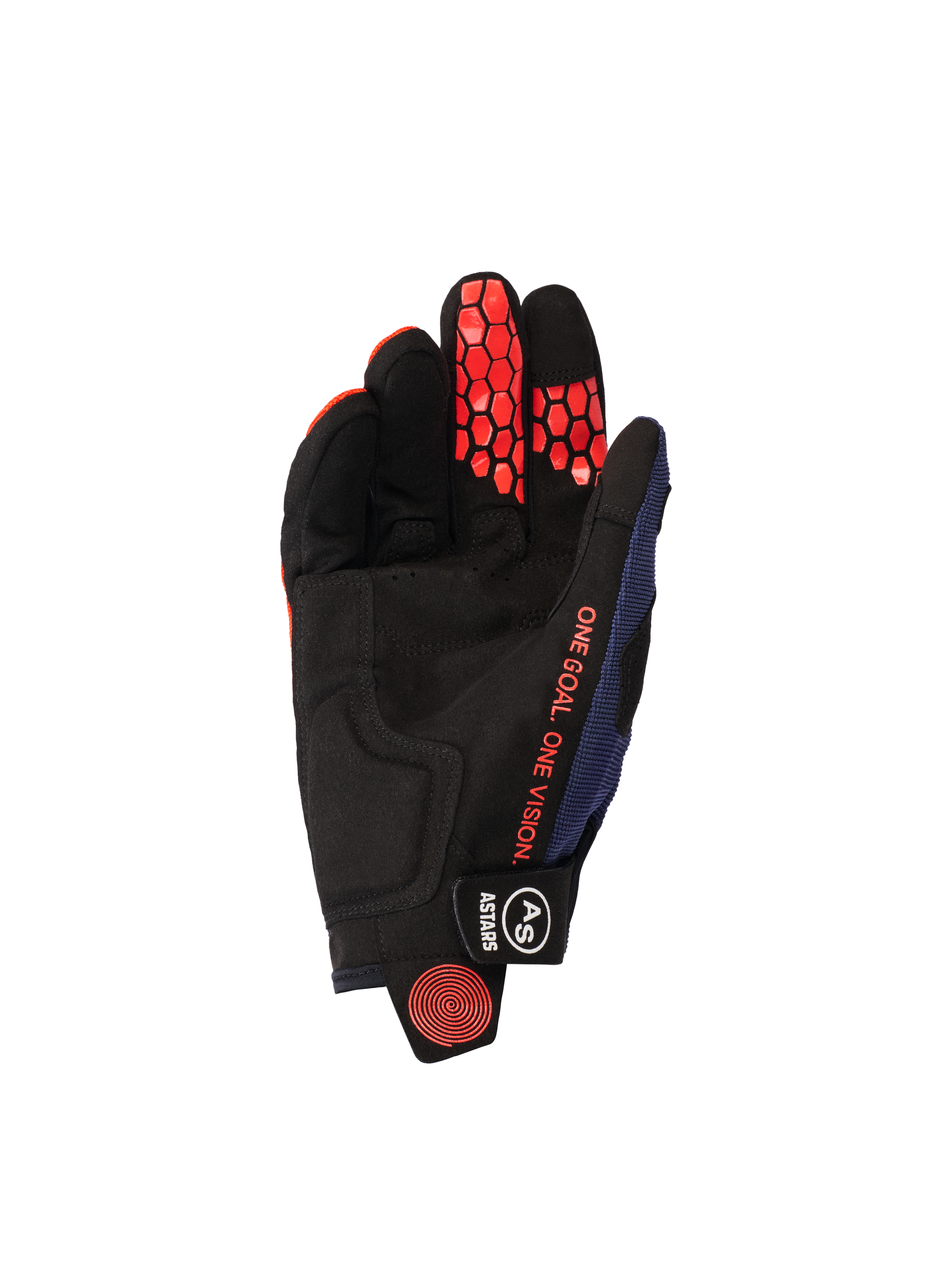 Guanti Alpinestars Pro-Dura 2026, vista del palmo, blu navy, arancione e bianco, palmo in pelle scamosciata sintetica nera con grip esagonale in silicone arancione sulle dita, scritta arancione 'ONE GOAL. ONE VISION.' e chiusura del polso nera con logo bianco.
