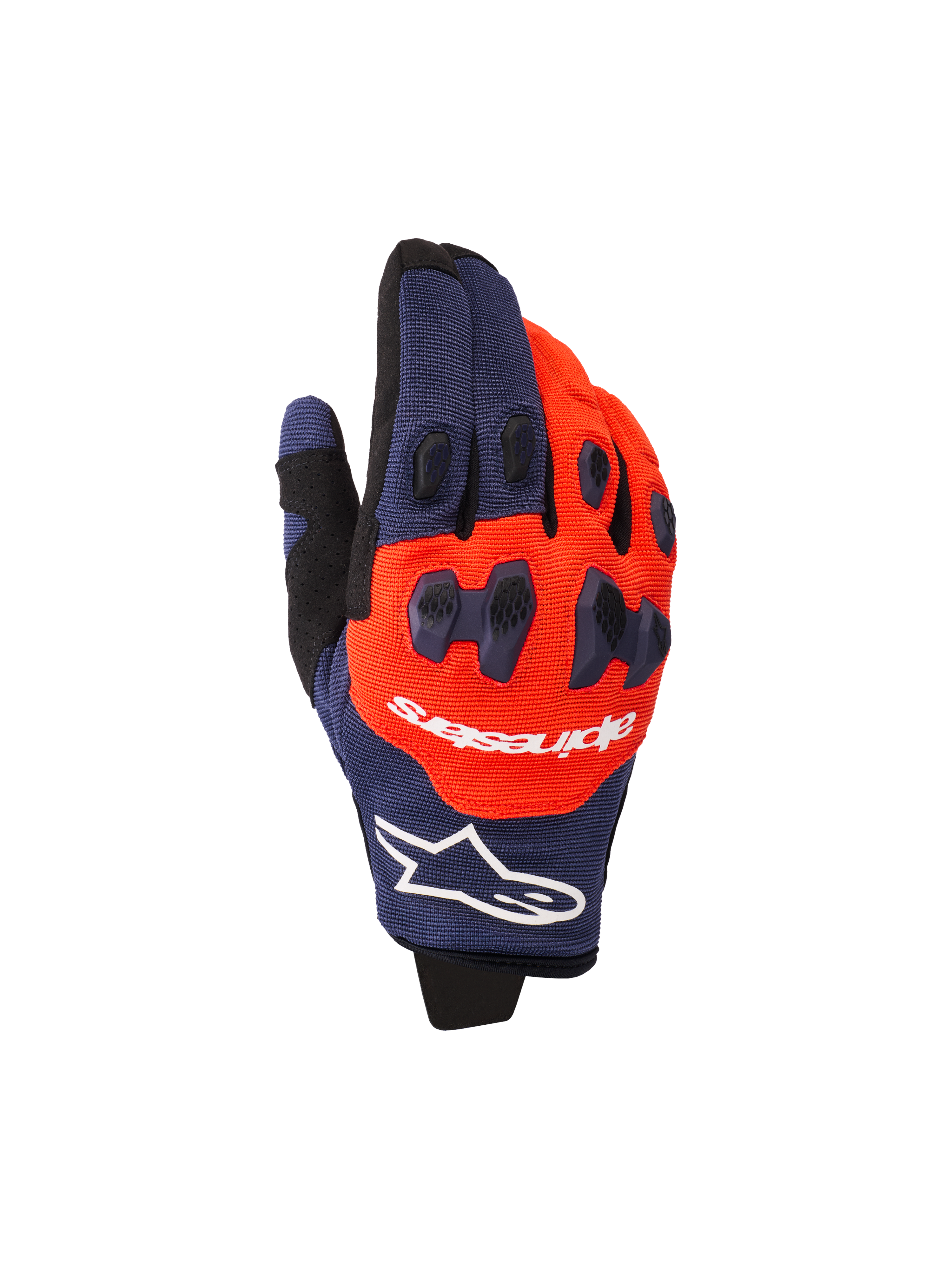 Alpinestars 2026 Pro-Dura Gloves, guanti da motocross ed enduro, blu scuro e arancione acceso con accenti bianchi, protezione per le nocche in TPR in due pezzi, logo Alpinestars sul dorso e costruzione multi-pannello flessibile