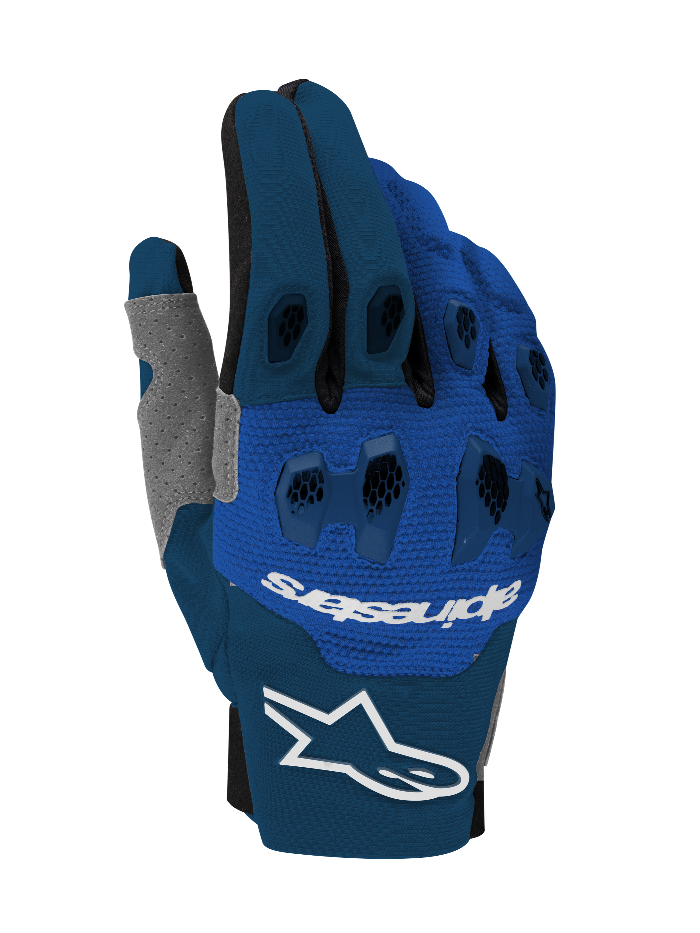 Alpinestars 2026 Pro-Dura Gloves, guanti da motocross ed enduro, blu navy, azzurro brillante e bianco, con protezione nocche in TPR a due pezzi, costruzione multi-pannello elasticizzata, logo Alpinestars bianco sul polsino e branding sul dorso, design tecnico da fuoristrada