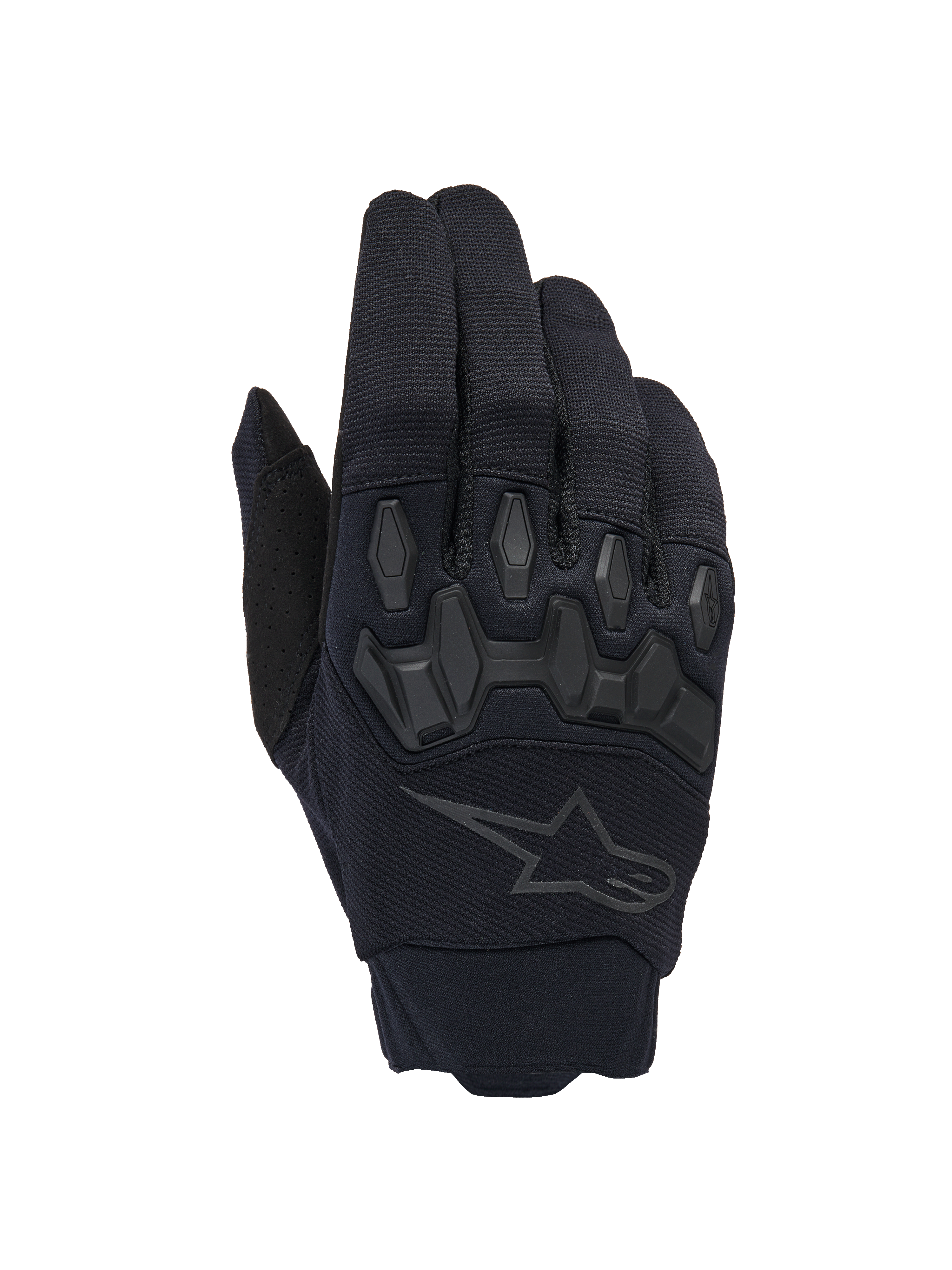 Alpinestars Full Bore V2 Gloves, guanti da motocross neri, con protezioni nocche ergonomiche in TPR e tessuto elasticizzato traspirante, discreto logo a stella nero sul dorso, equipaggiamento per fuoristrada ad alte prestazioni