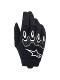 Guanti Alpinestars Full Bore V2, guanti da motocross, nero e bianco, vista del dorso che mostra la protezione per le nocche in TPR ergonomica con forme esagonali, logo Alpinestars bianco, costruzione in tessuto elastico traspirante, attrezzatura resistente per corse fuoristrada
