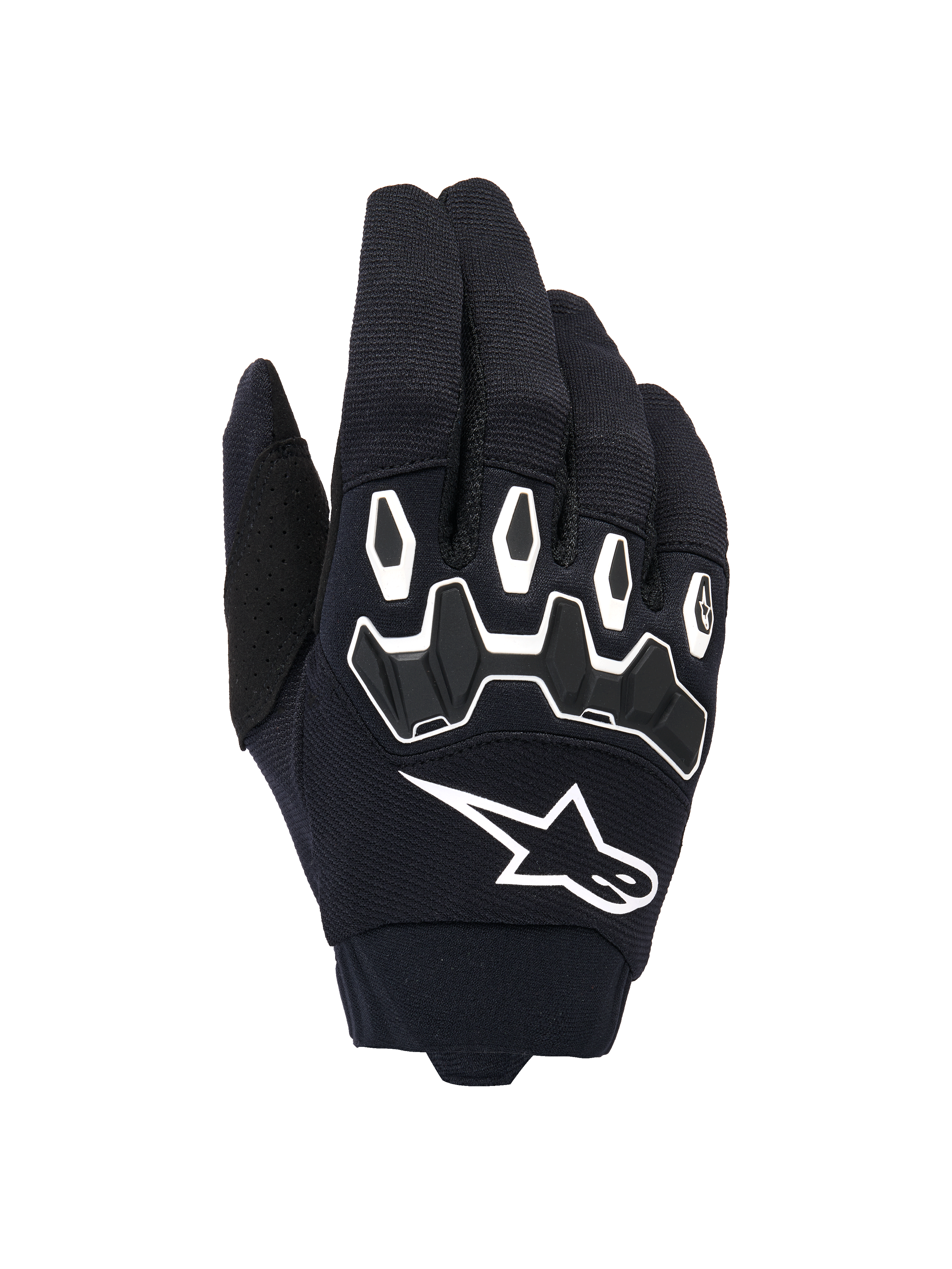 Guanti Alpinestars Full Bore V2, guanti da motocross, nero e bianco, vista del dorso che mostra la protezione per le nocche in TPR ergonomica con forme esagonali, logo Alpinestars bianco, costruzione in tessuto elastico traspirante, attrezzatura resistente per corse fuoristrada