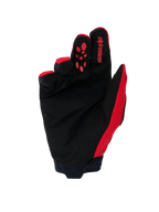 Guanti Alpinestars Full Bore V2, guanti da motocross, rosso acceso e nero, vista del palmo con scamosciato sintetico nero rinforzato, grip in silicone rosso sull'indice, marchio Alpinestars e polsino in neoprene