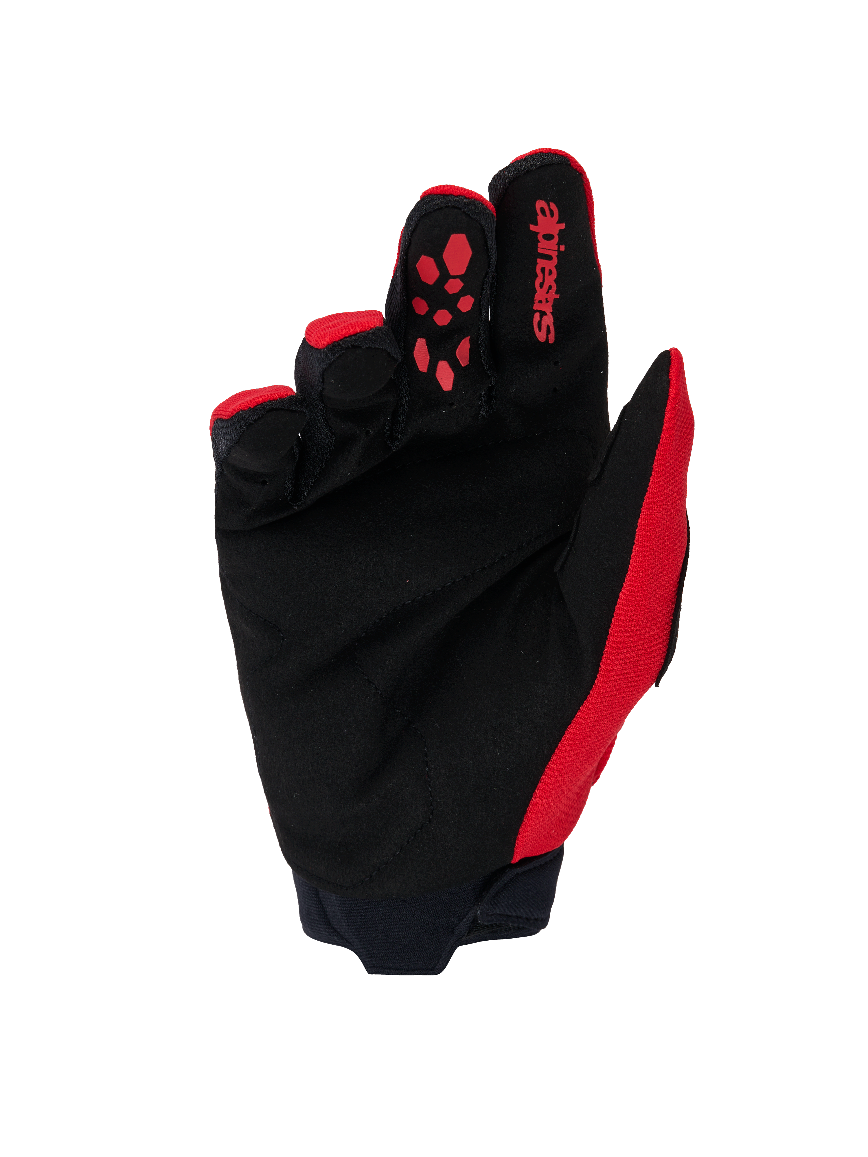 Guanti Alpinestars Full Bore V2, guanti da motocross, rosso acceso e nero, vista del palmo con scamosciato sintetico nero rinforzato, grip in silicone rosso sull'indice, marchio Alpinestars e polsino in neoprene