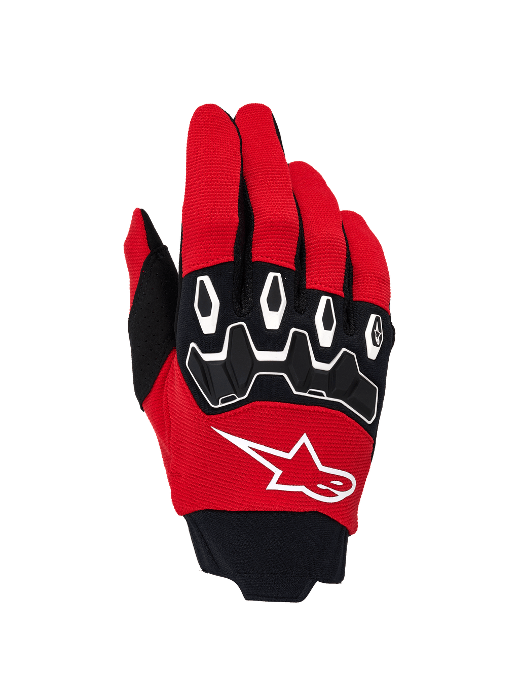 Alpinestars Full Bore V2, guanti da motocross, rosso e nero, con logo a stella bianco sul dorso, protezioni nocche in TPR ergonomiche con dettagli bianchi e tessuto elasticizzato traspirante per prestazioni off-road
