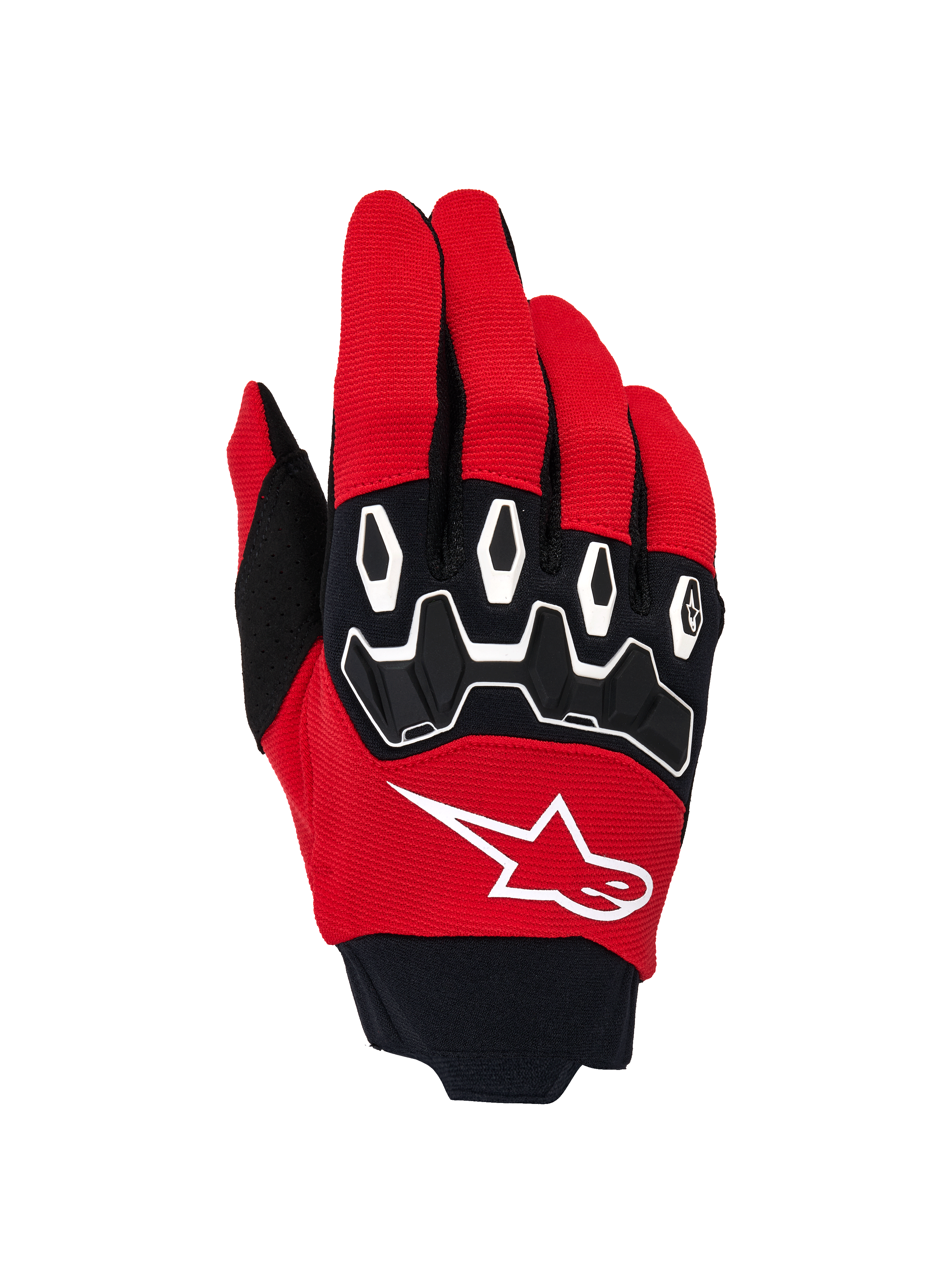 Alpinestars Full Bore V2, guanti da motocross, rosso e nero, con logo a stella bianco sul dorso, protezioni nocche in TPR ergonomiche con dettagli bianchi e tessuto elasticizzato traspirante per prestazioni off-road