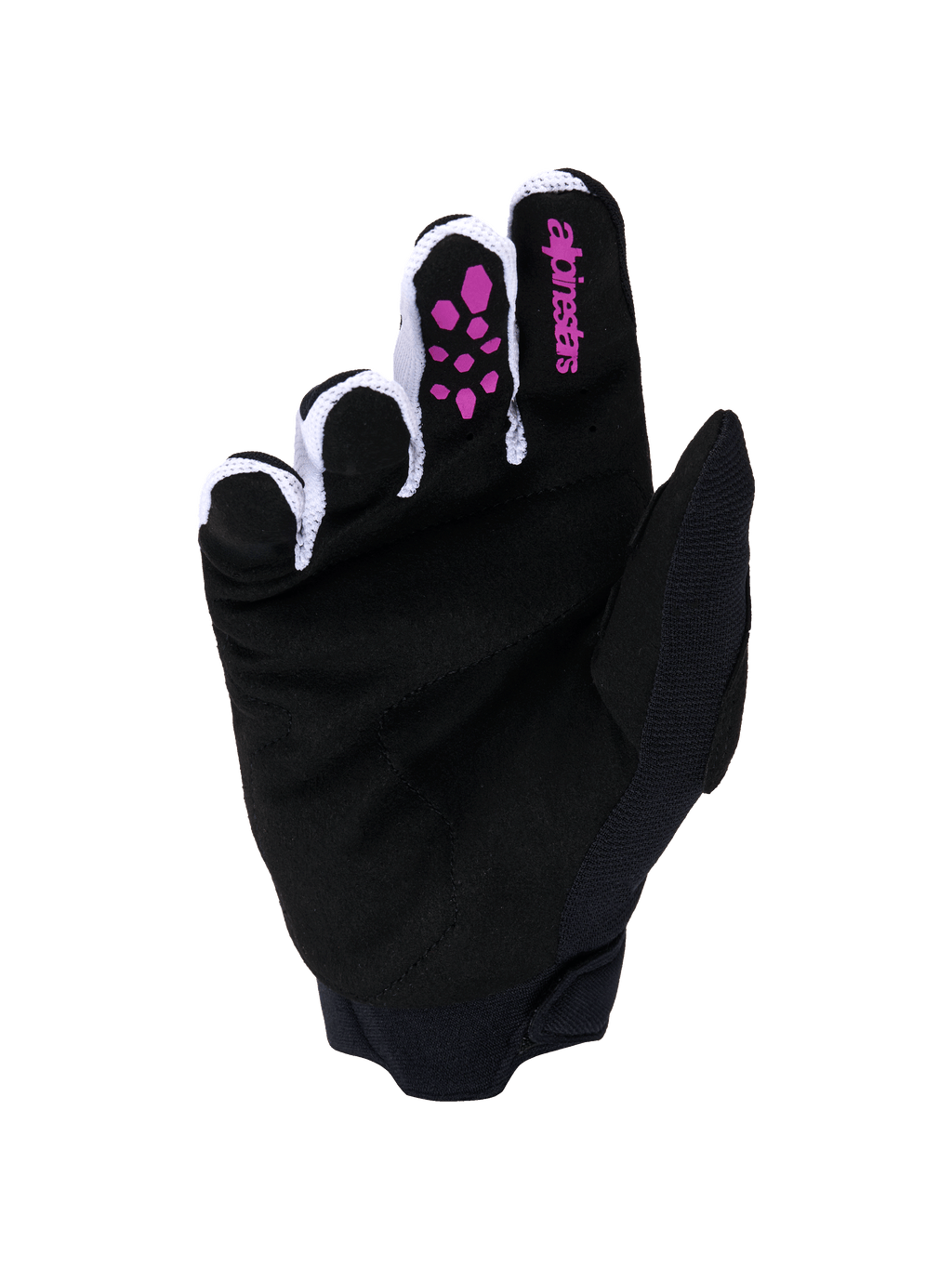 Guanti Alpinestars Full Bore V2, guanti da motocross, viola e nero, vista del palmo con pelle scamosciata sintetica nera, grip in silicone viola sulle dita, logo Alpinestars sull'indice, mesh ventilata bianca tra le dita e polsino in neoprene nero